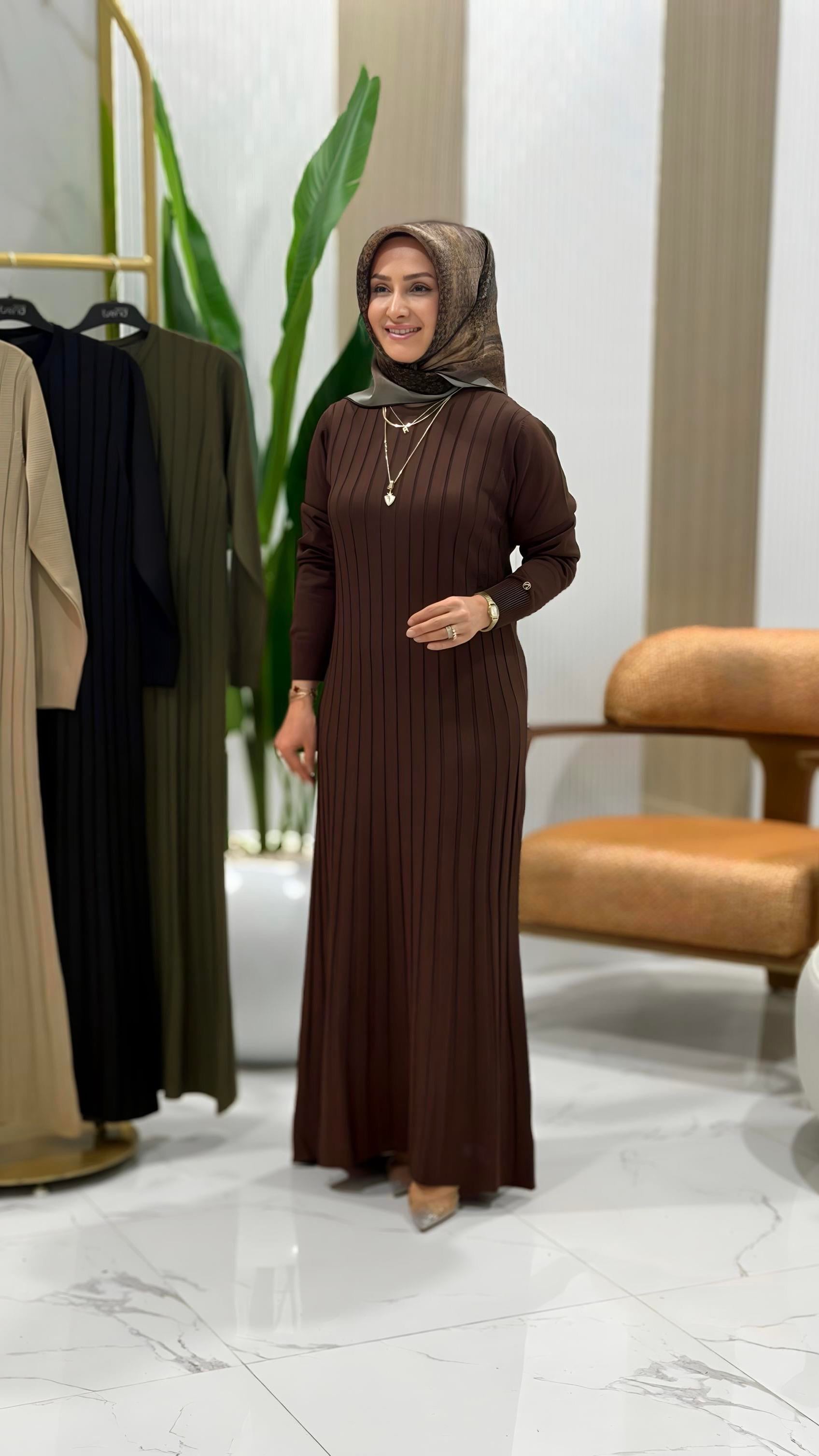 ARMİNE TREND MERSERİZE ELBİSE KAHVE - 25KT901