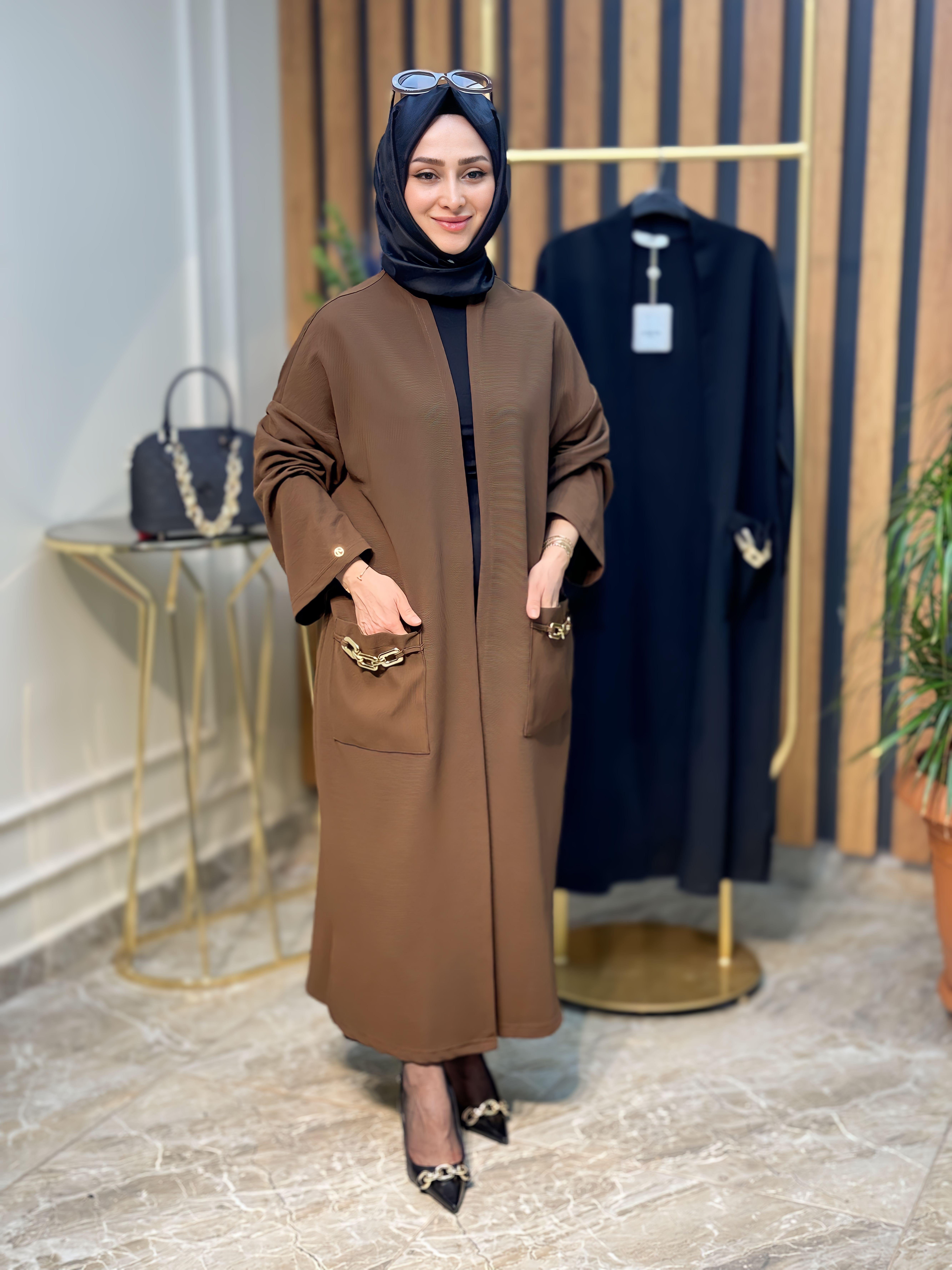 ARMİNE TREND ÖRME KUMAŞ CEPLERİ ZİNCİR DETAYLI HIRKA-23KT525