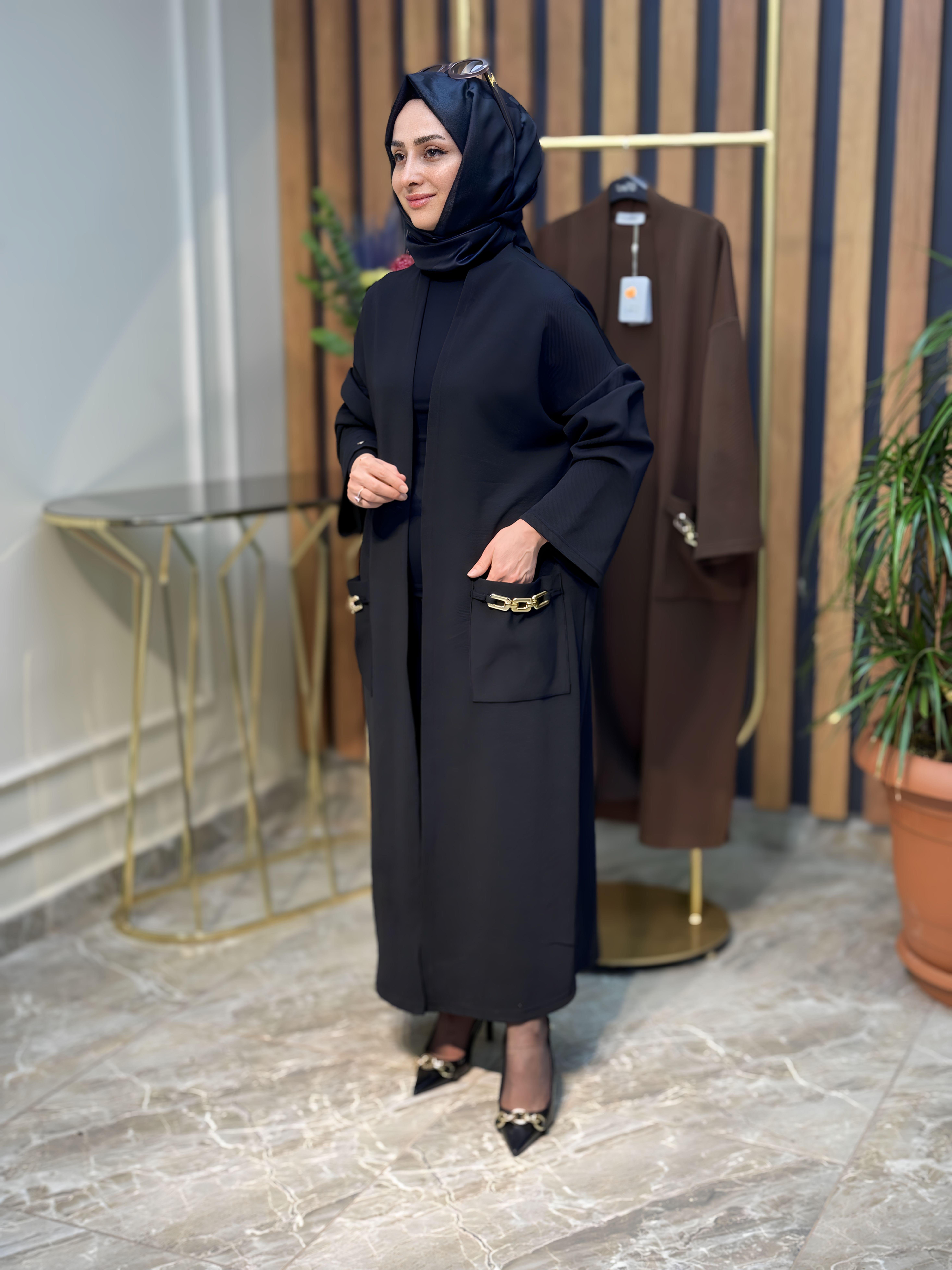 ARMİNE TREND ÖRME KUMAŞ CEPLERİ ZİNCİR DETAYLI HIRKA-23KT525