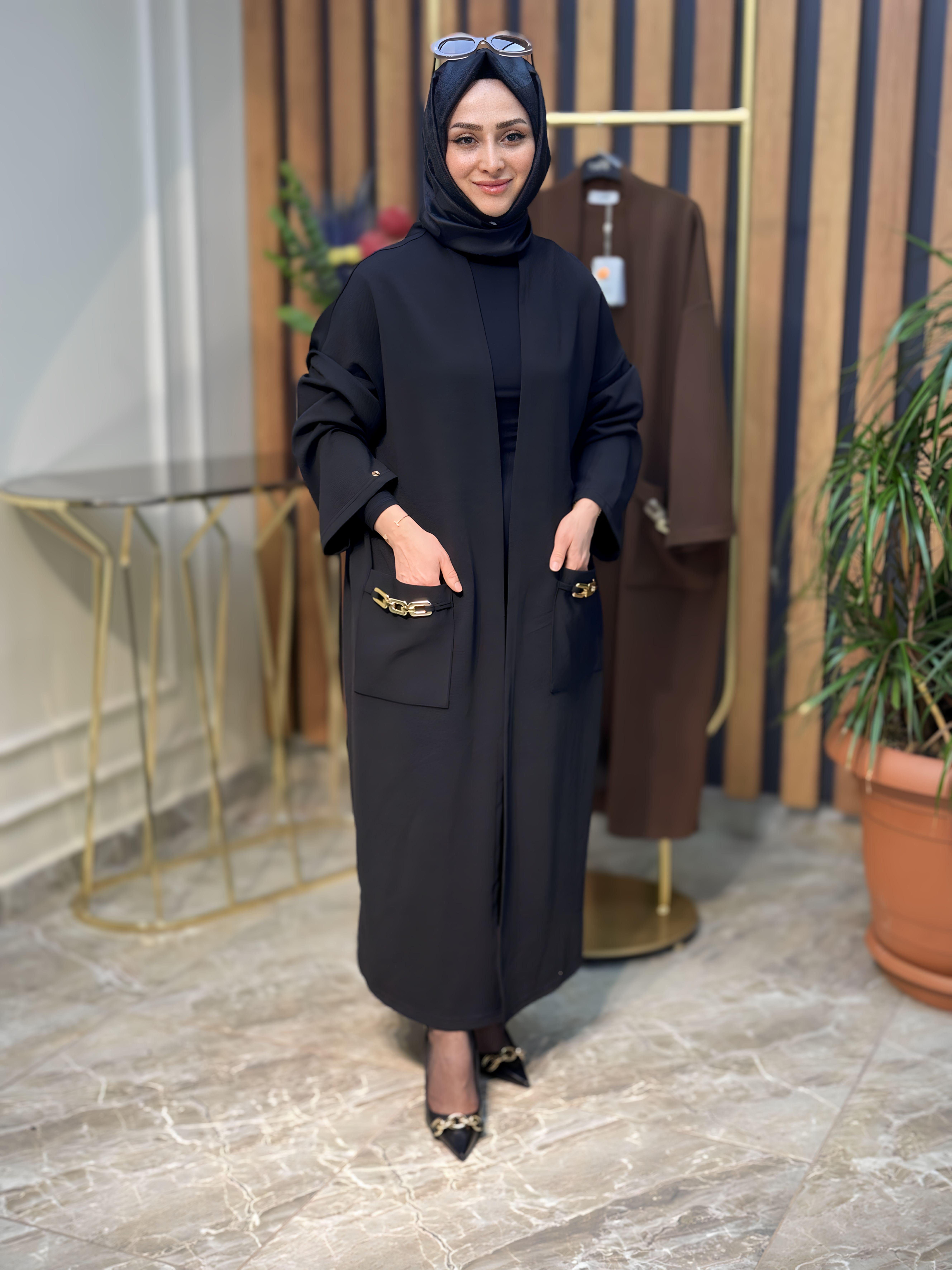 ARMİNE TREND ÖRME KUMAŞ CEPLERİ ZİNCİR DETAYLI HIRKA-23KT525
