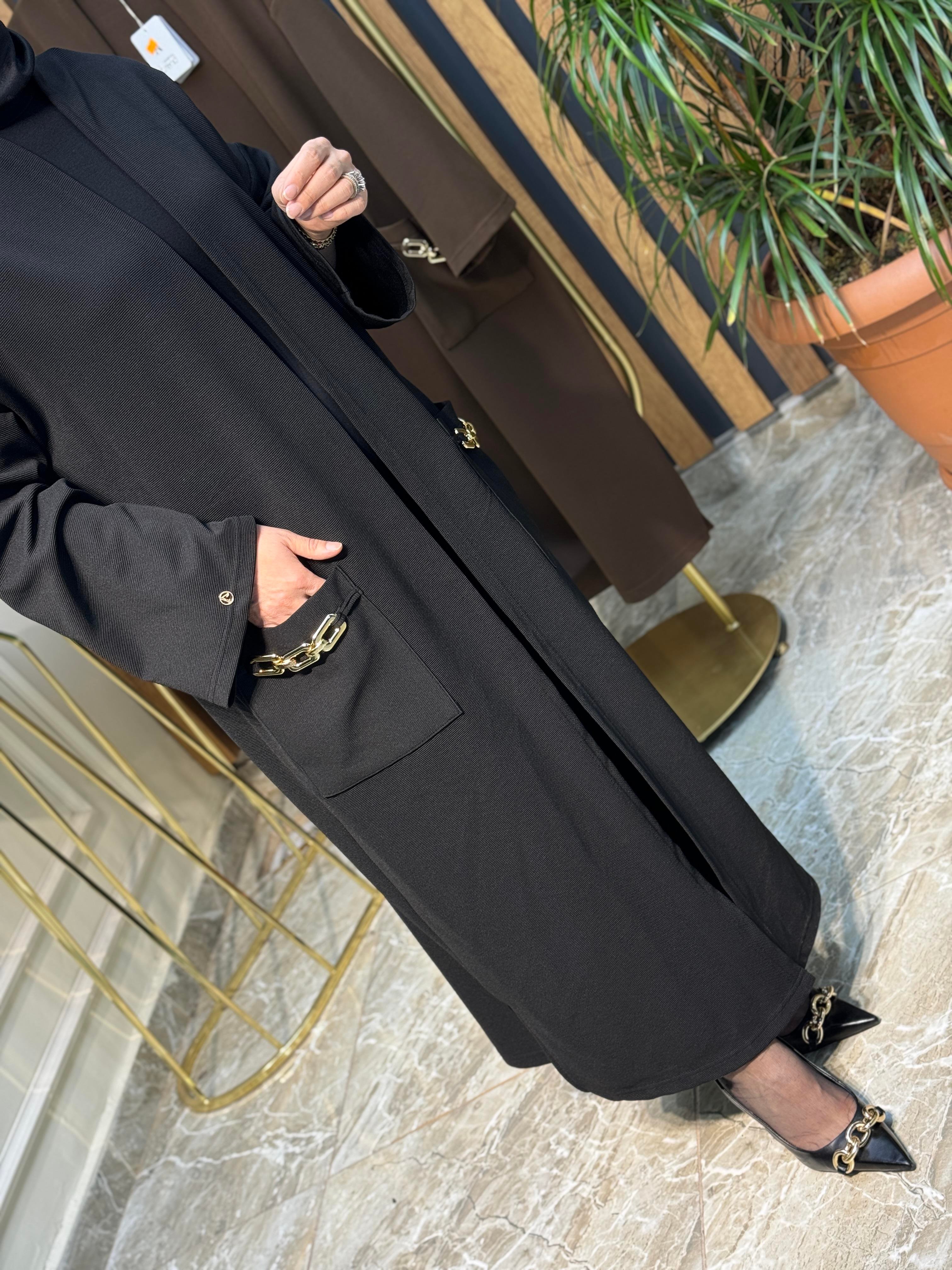 ARMİNE TREND ÖRME KUMAŞ CEPLERİ ZİNCİR DETAYLI HIRKA-23KT525