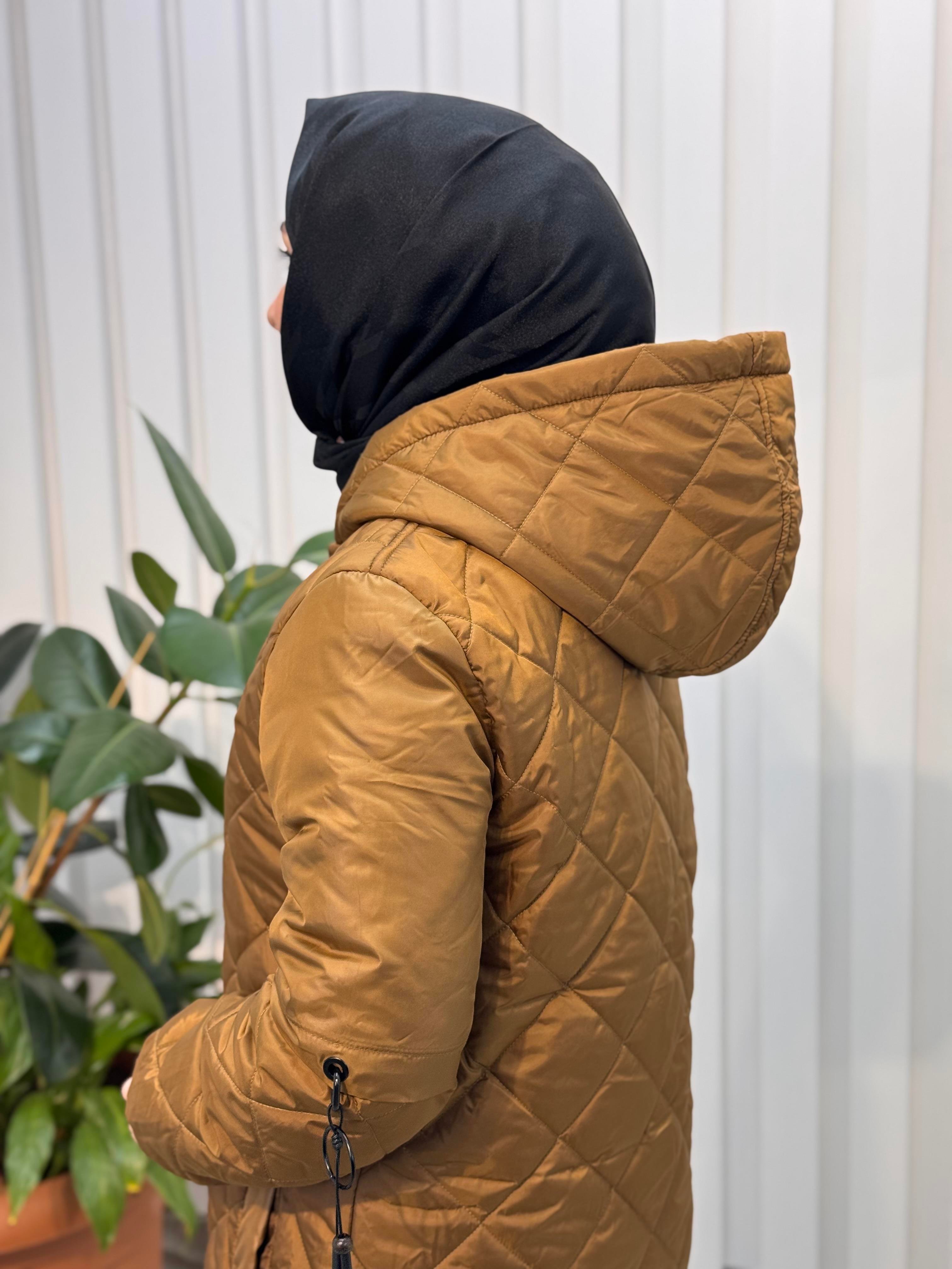 BAKLAVA DESEN,ÖNDEN FERMUARLI KAPÜŞONLU,ŞİŞME MONT-3616