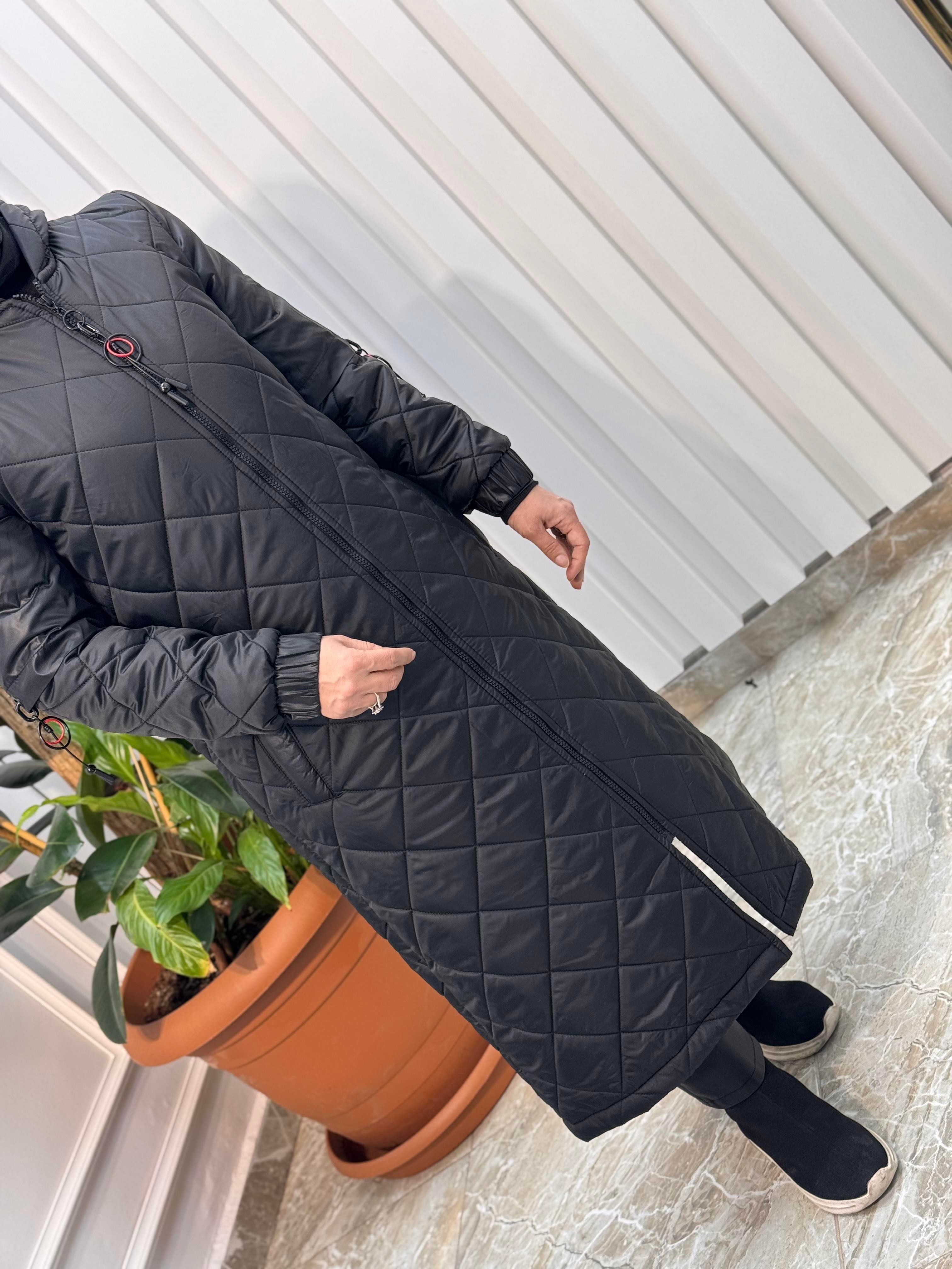 BAKLAVA DESEN,ÖNDEN FERMUARLI KAPÜŞONLU,ŞİŞME MONT-3616