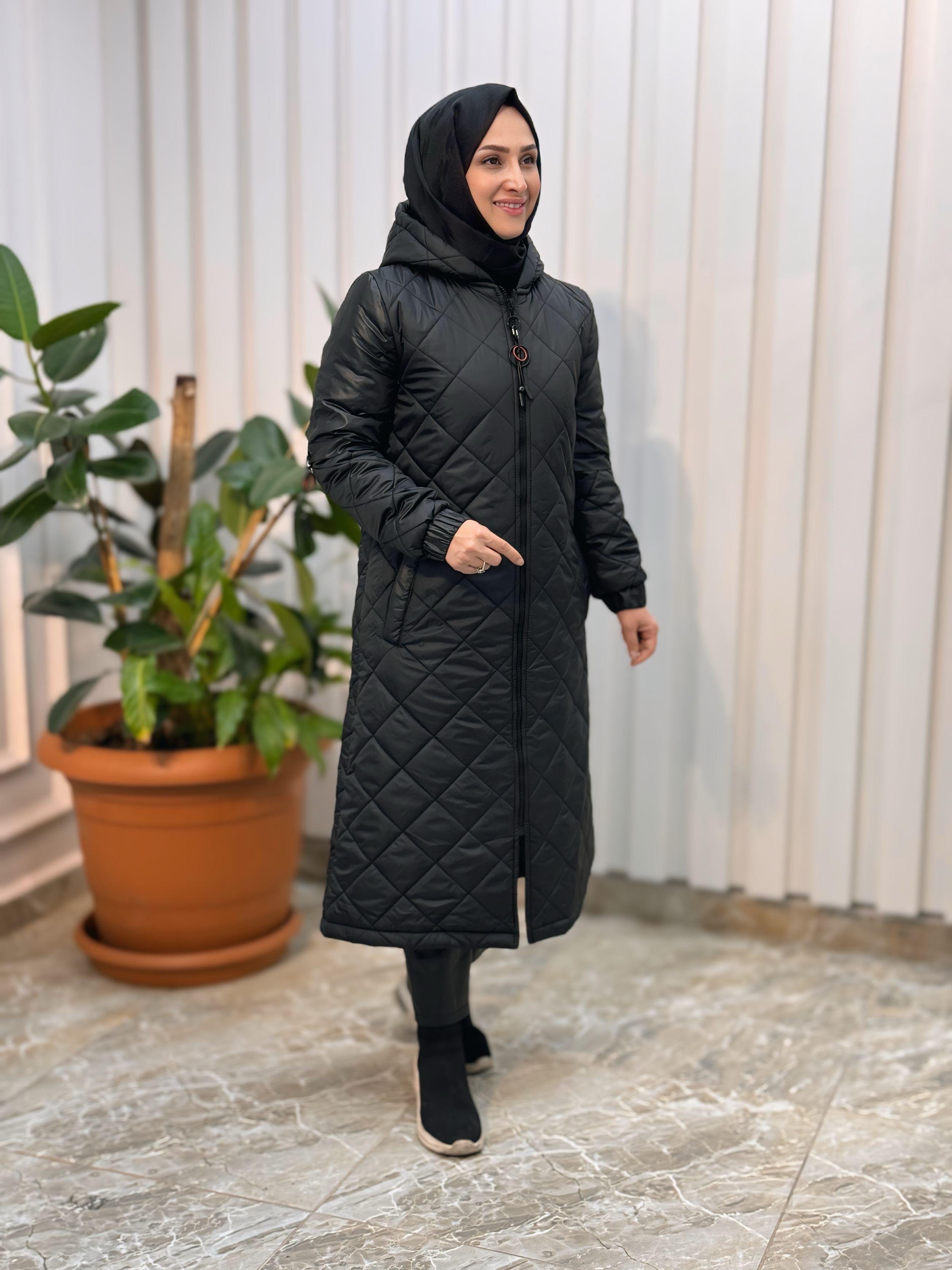 BAKLAVA DESEN,ÖNDEN FERMUARLI KAPÜŞONLU,ŞİŞME MONT-3616