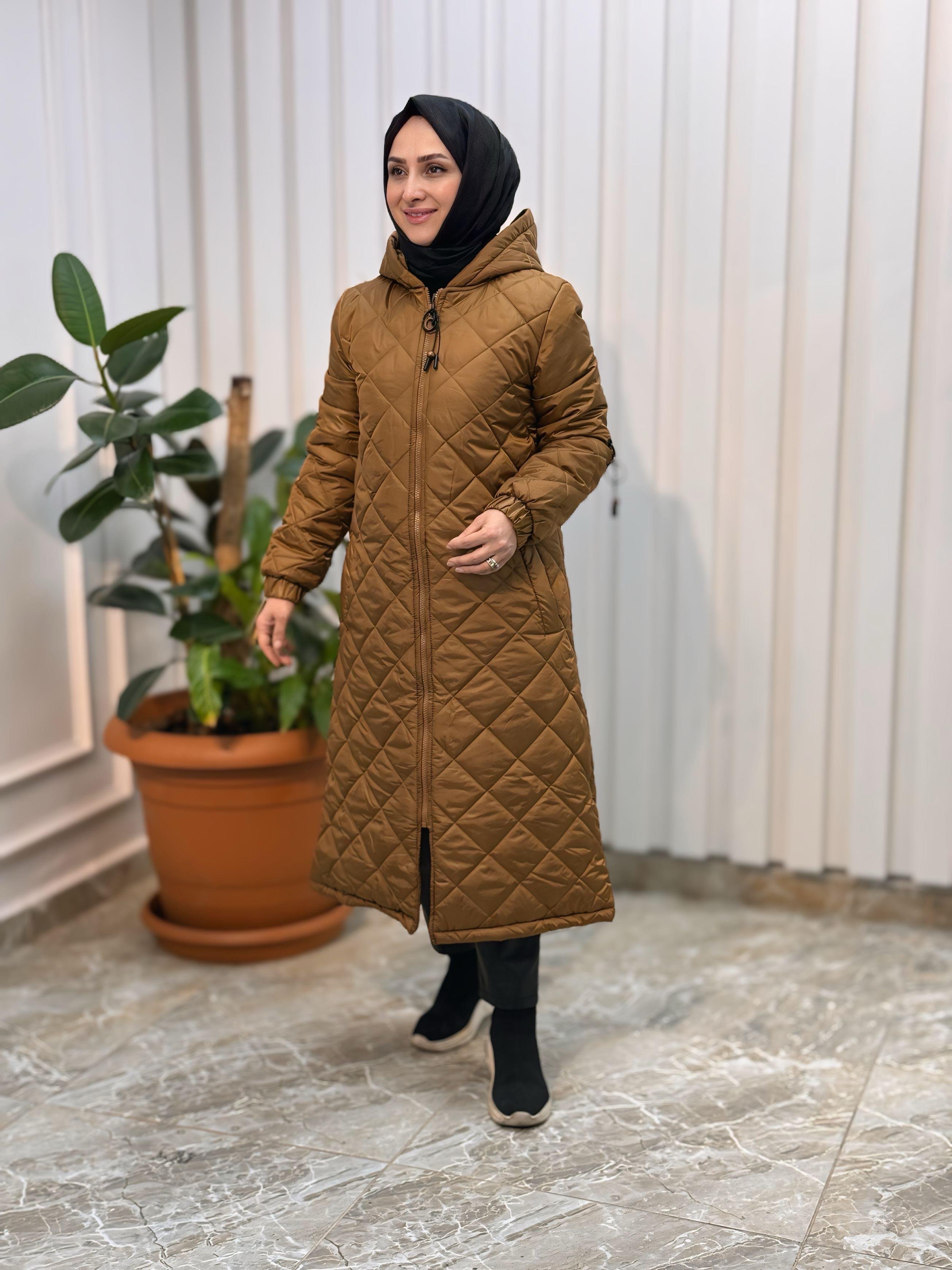 BAKLAVA DESEN,ÖNDEN FERMUARLI KAPÜŞONLU,ŞİŞME MONT-3616