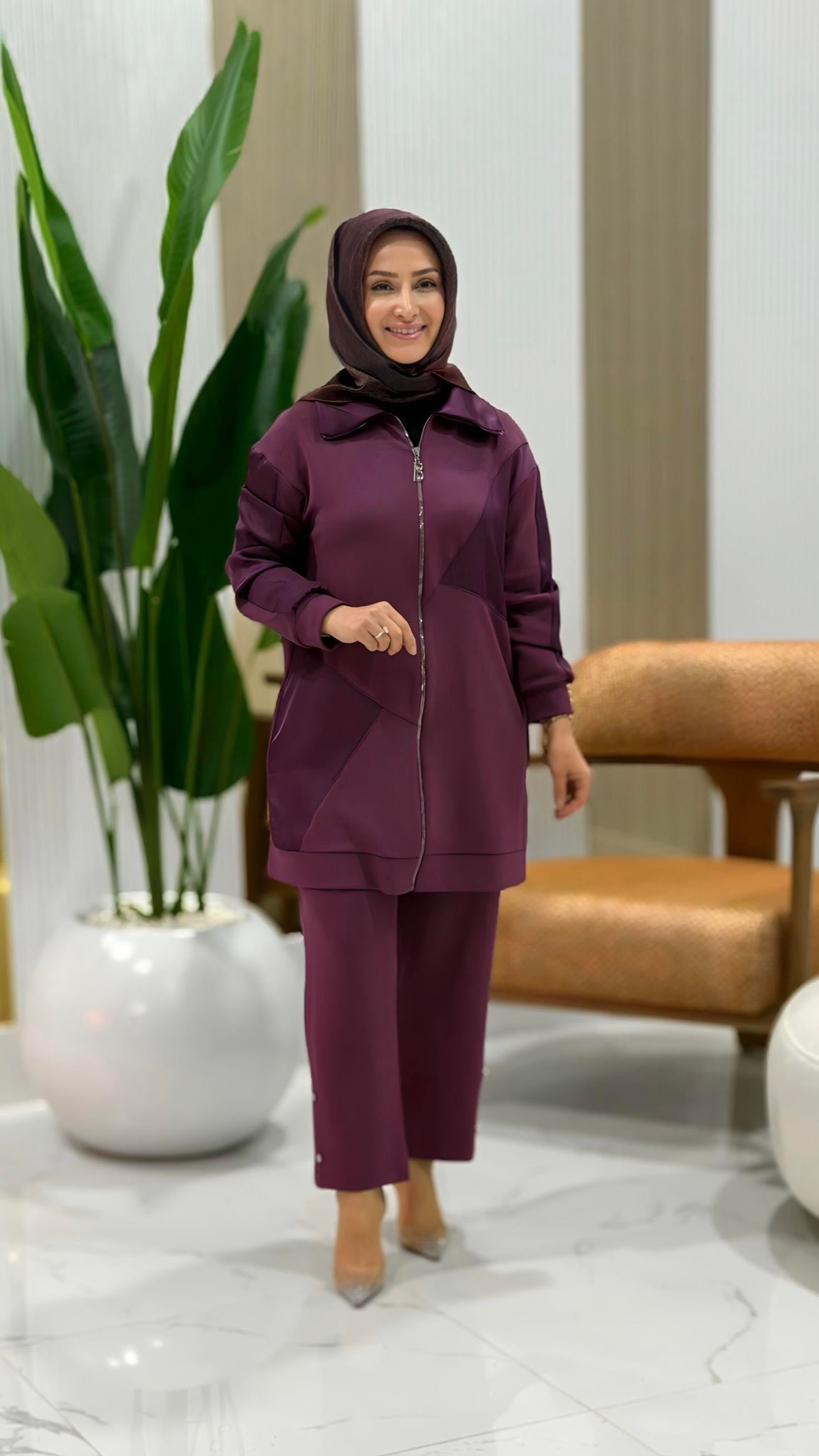 BELLİ FERMUARLI PANTOLONLU TAKIM VİŞNE - 25K6017