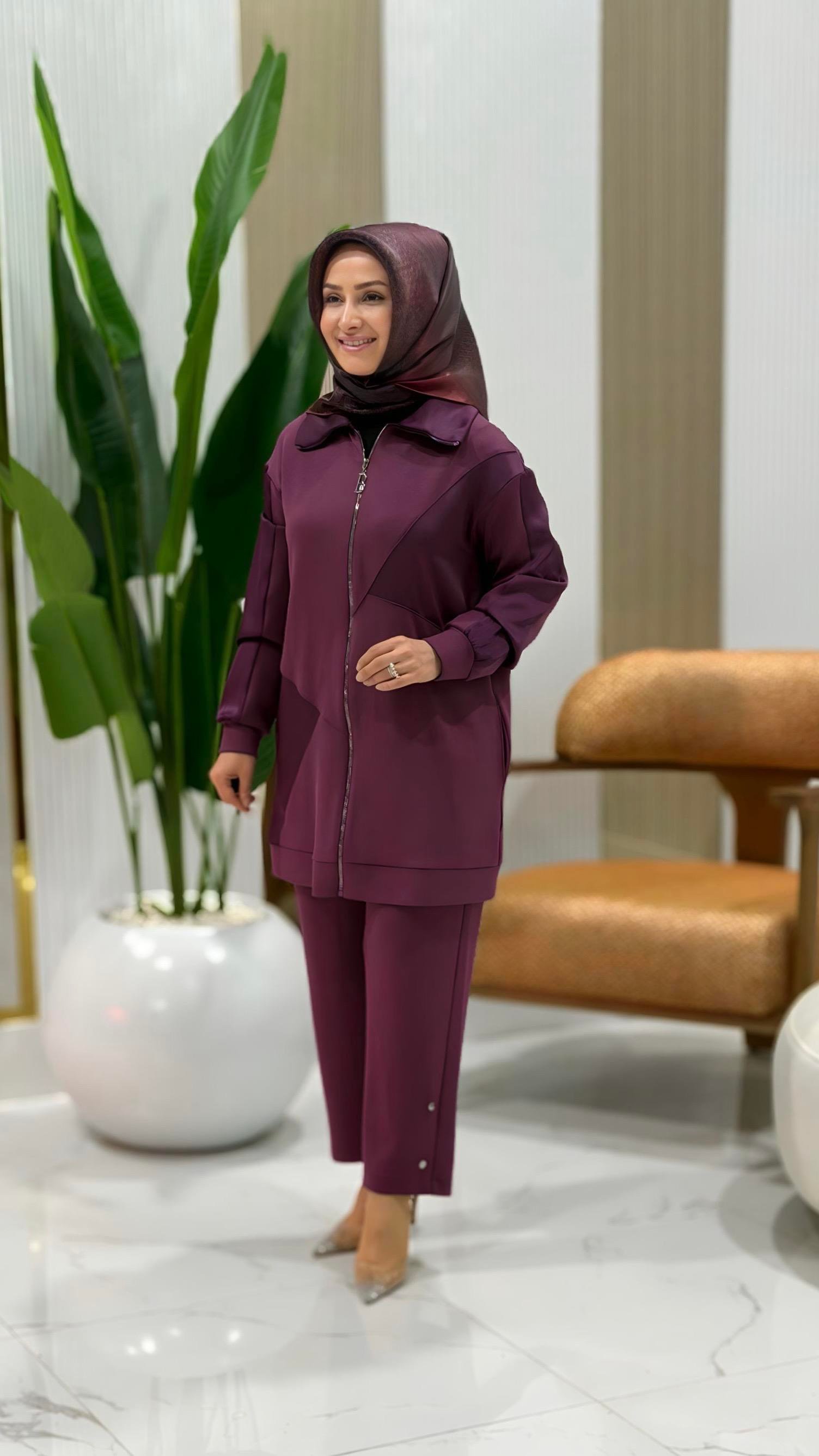 BELLİ FERMUARLI PANTOLONLU TAKIM VİŞNE - 25K6017