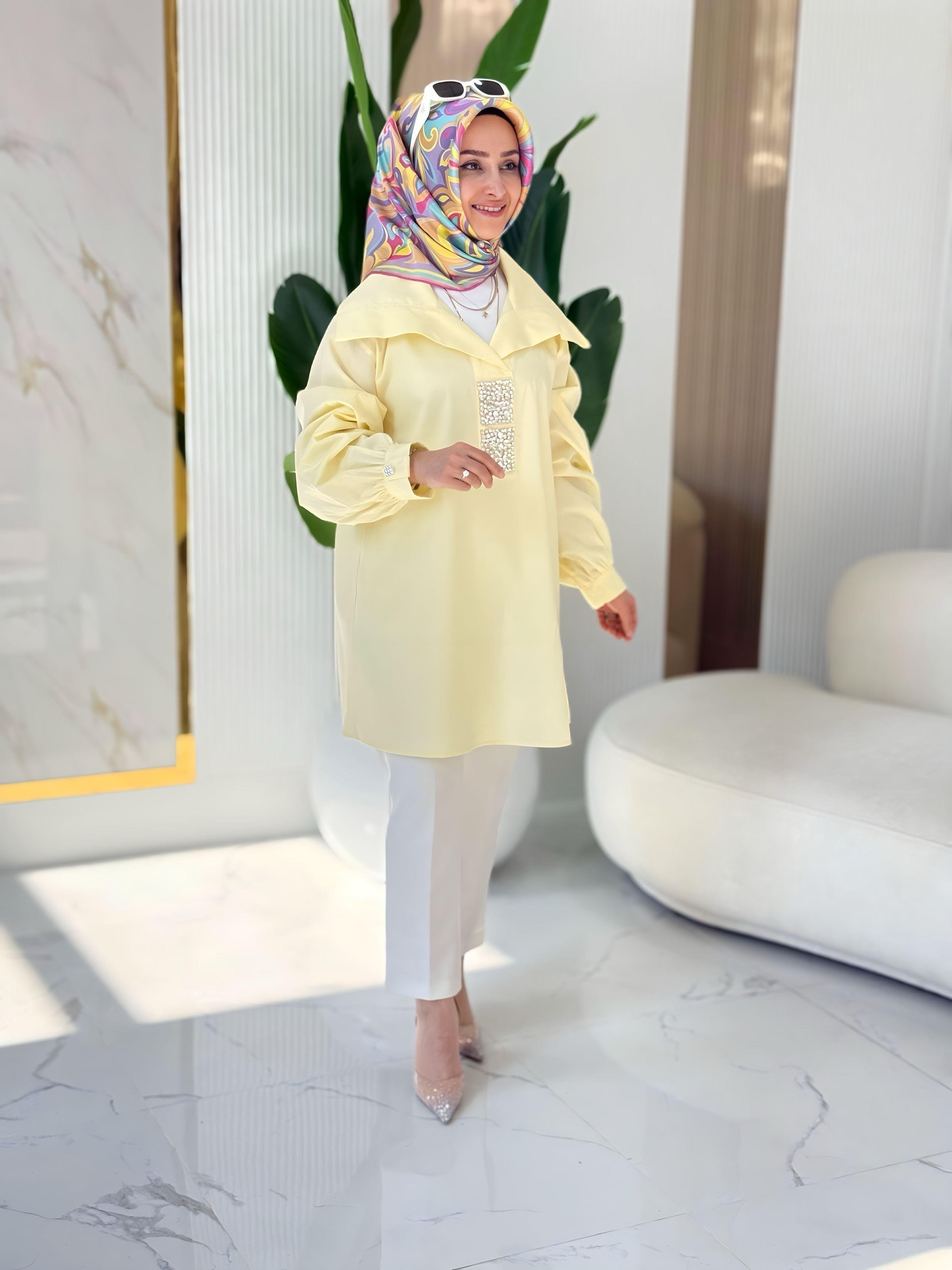 DEVİRME YAKALI YAPIŞTIRMA TAŞLI  TUNİK -3232