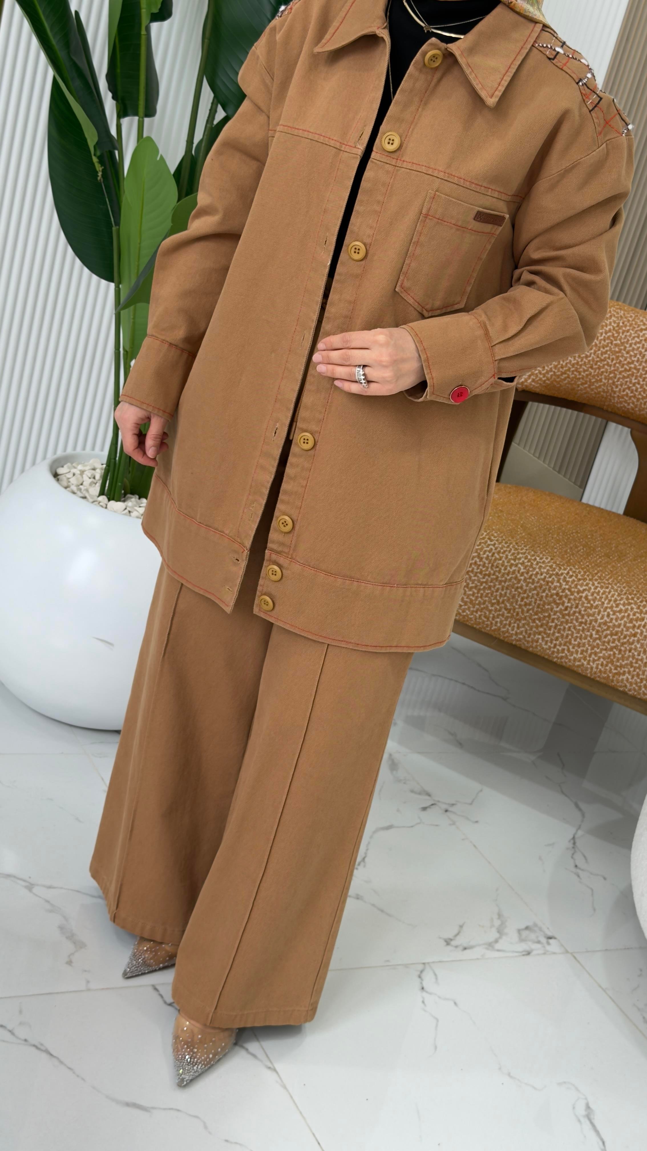 KAYRA NAKIŞ İŞLEMELİ KANVAS CEKET TÜTÜN-73013