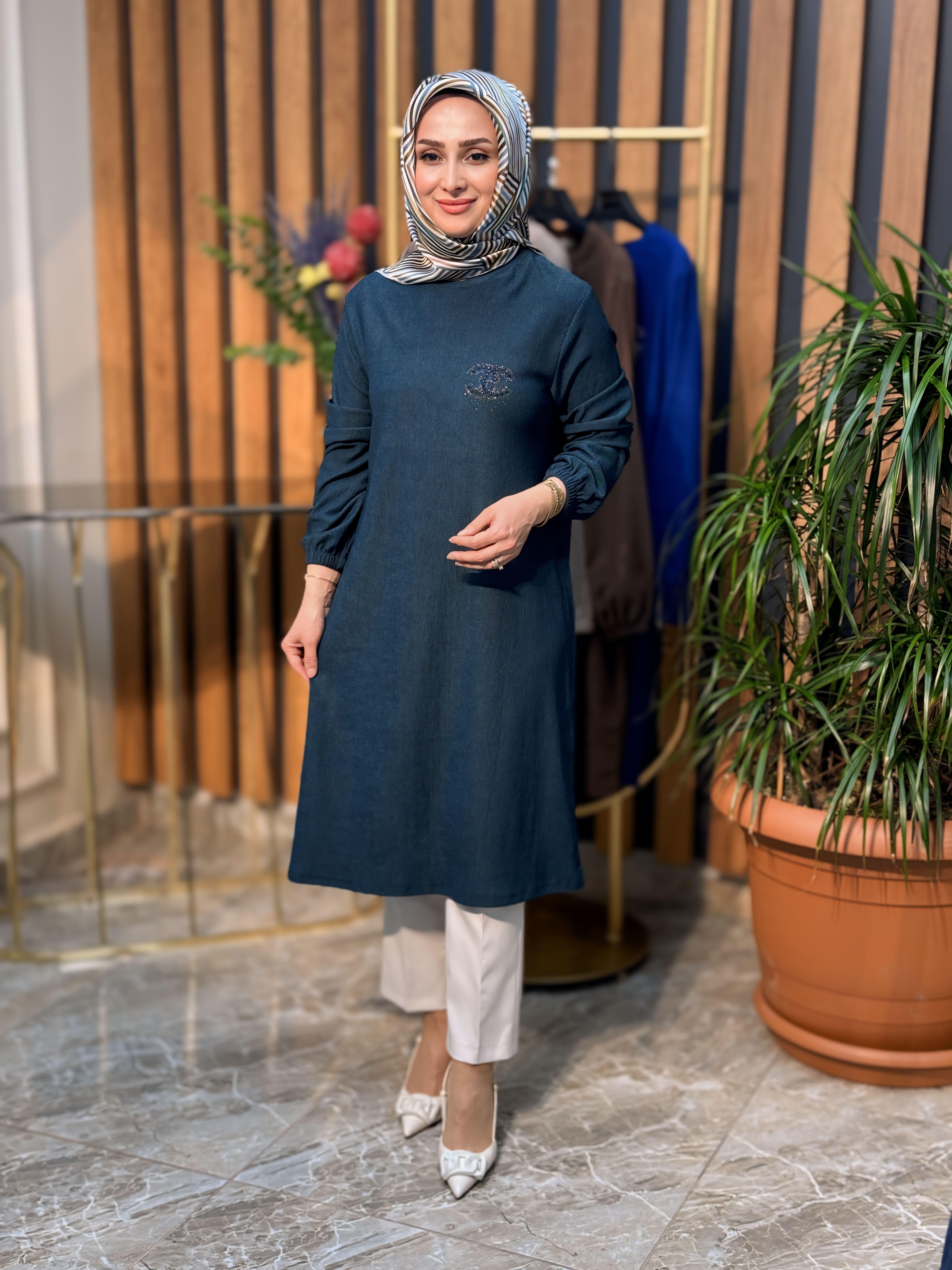 KOL UCU LASTİKLİ TAŞ BASKILI TUNİK 7612