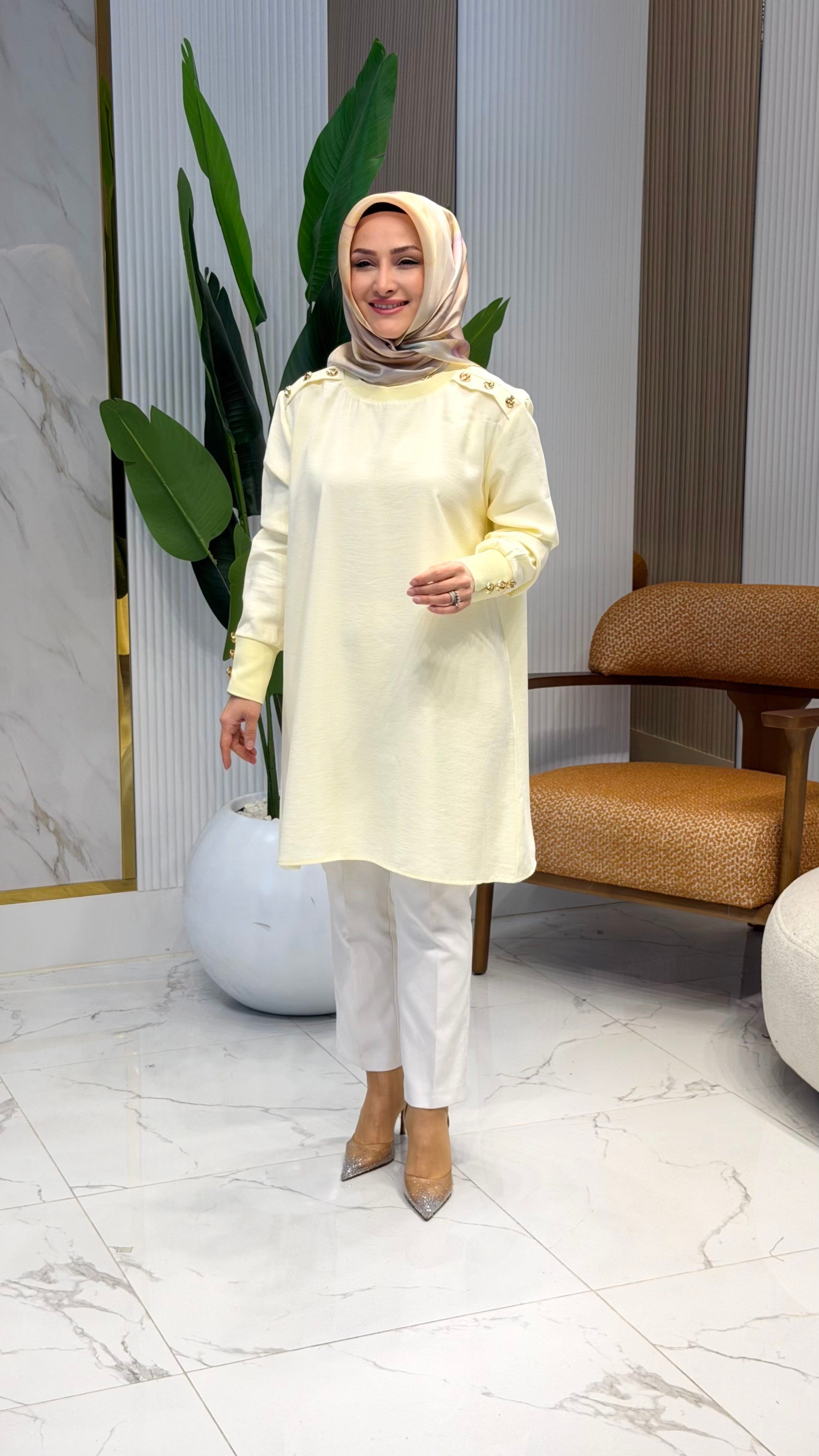 NOSHE OMUZ ALLERLİ TUNİK SARI - 4653