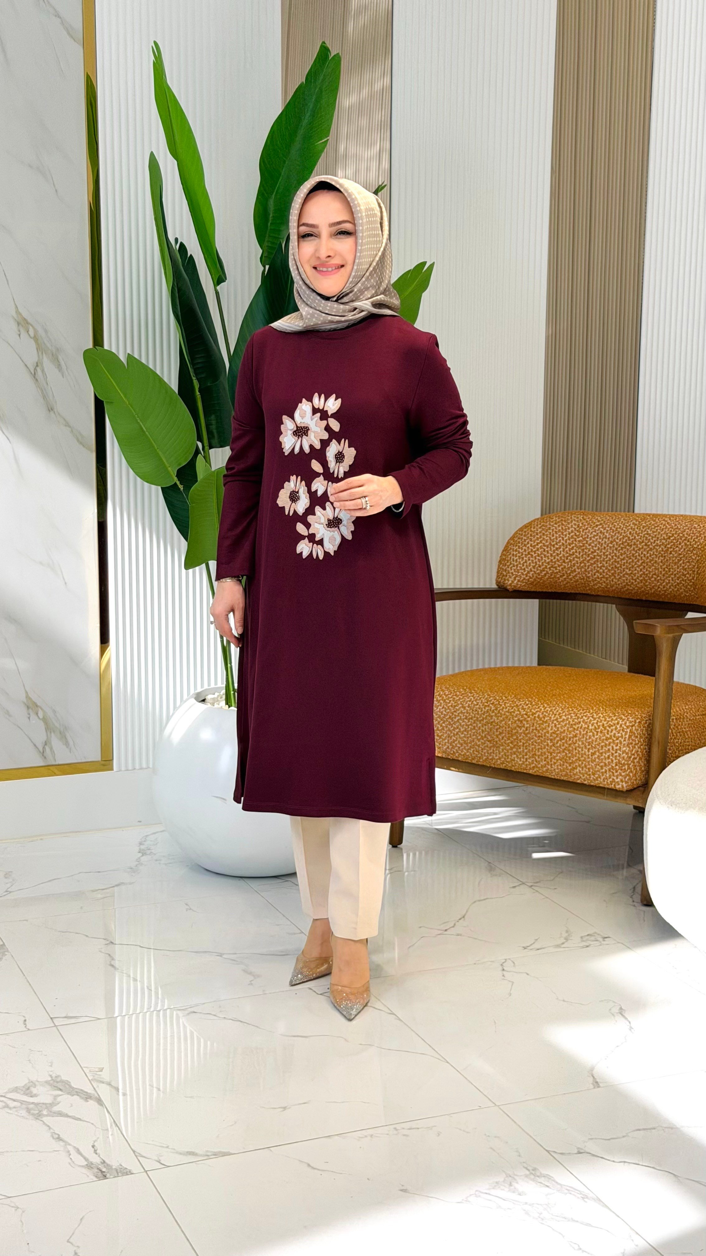ÖN BASKI VE TAŞ DETAYLI TUNİK BORDO -262912