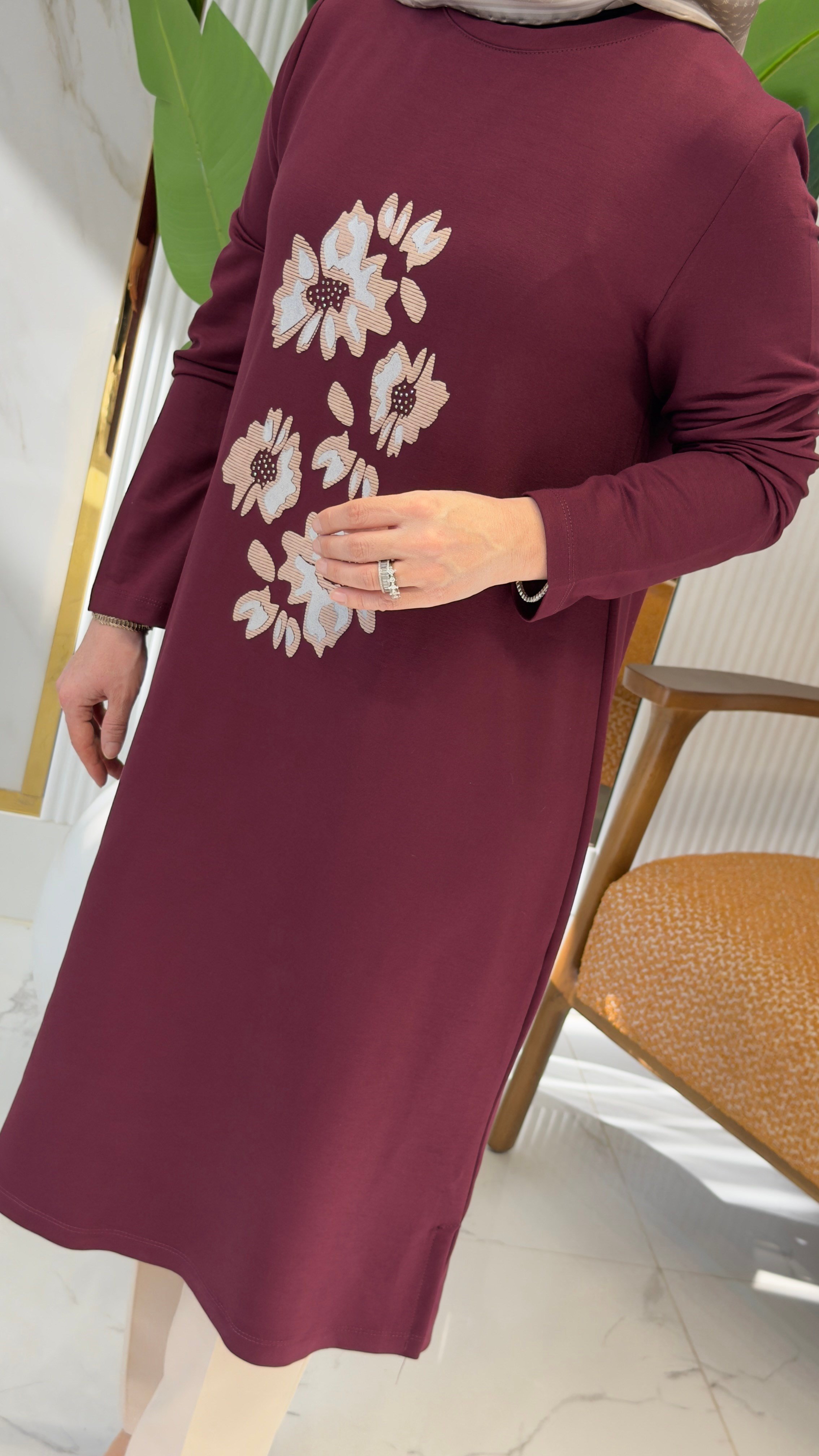 ÖN BASKI VE TAŞ DETAYLI TUNİK BORDO -262912