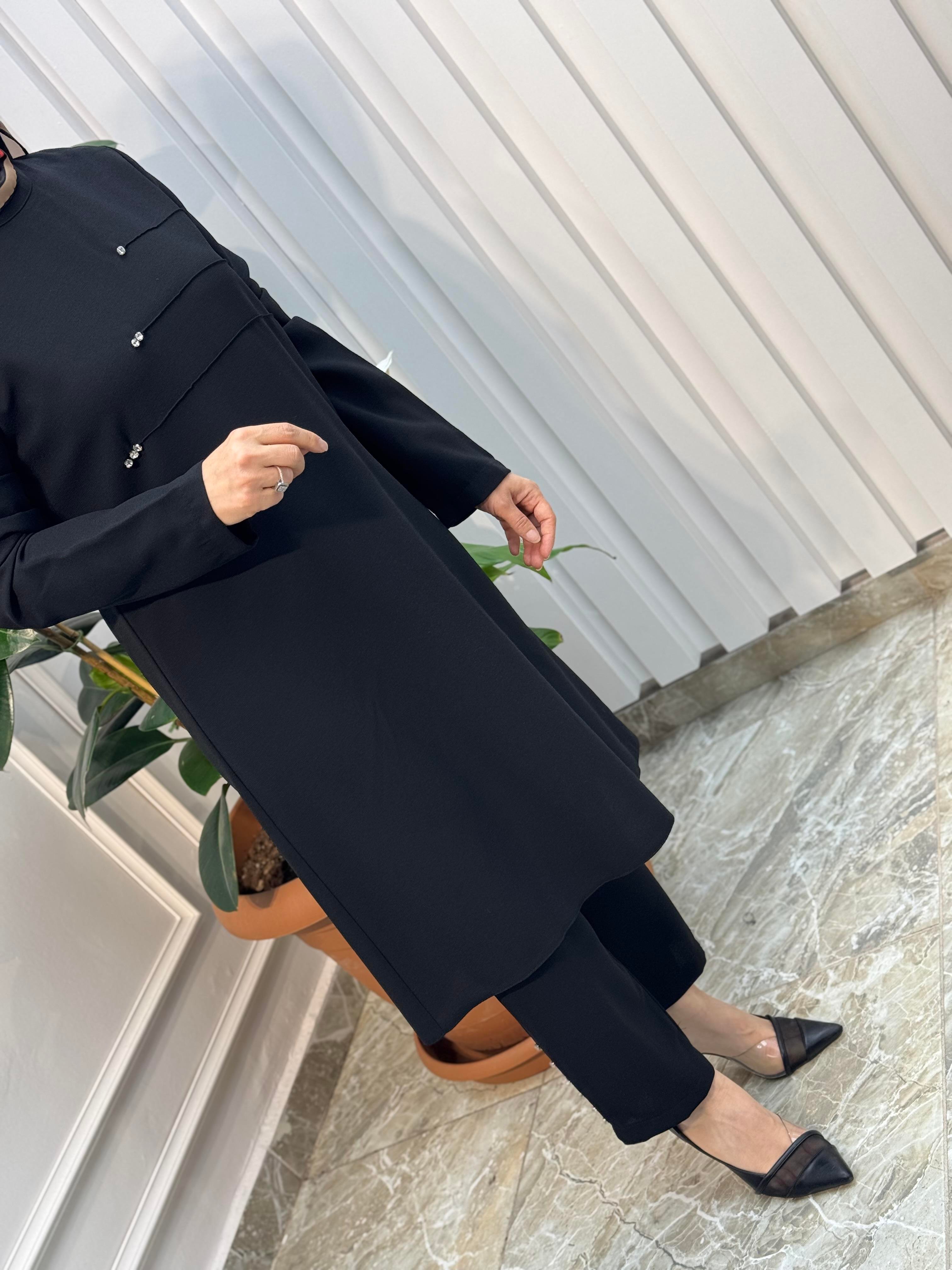 ÖNÜ NERVÜRLÜ TAŞ DETAYLI PANTOLONLU TAKIM-4190