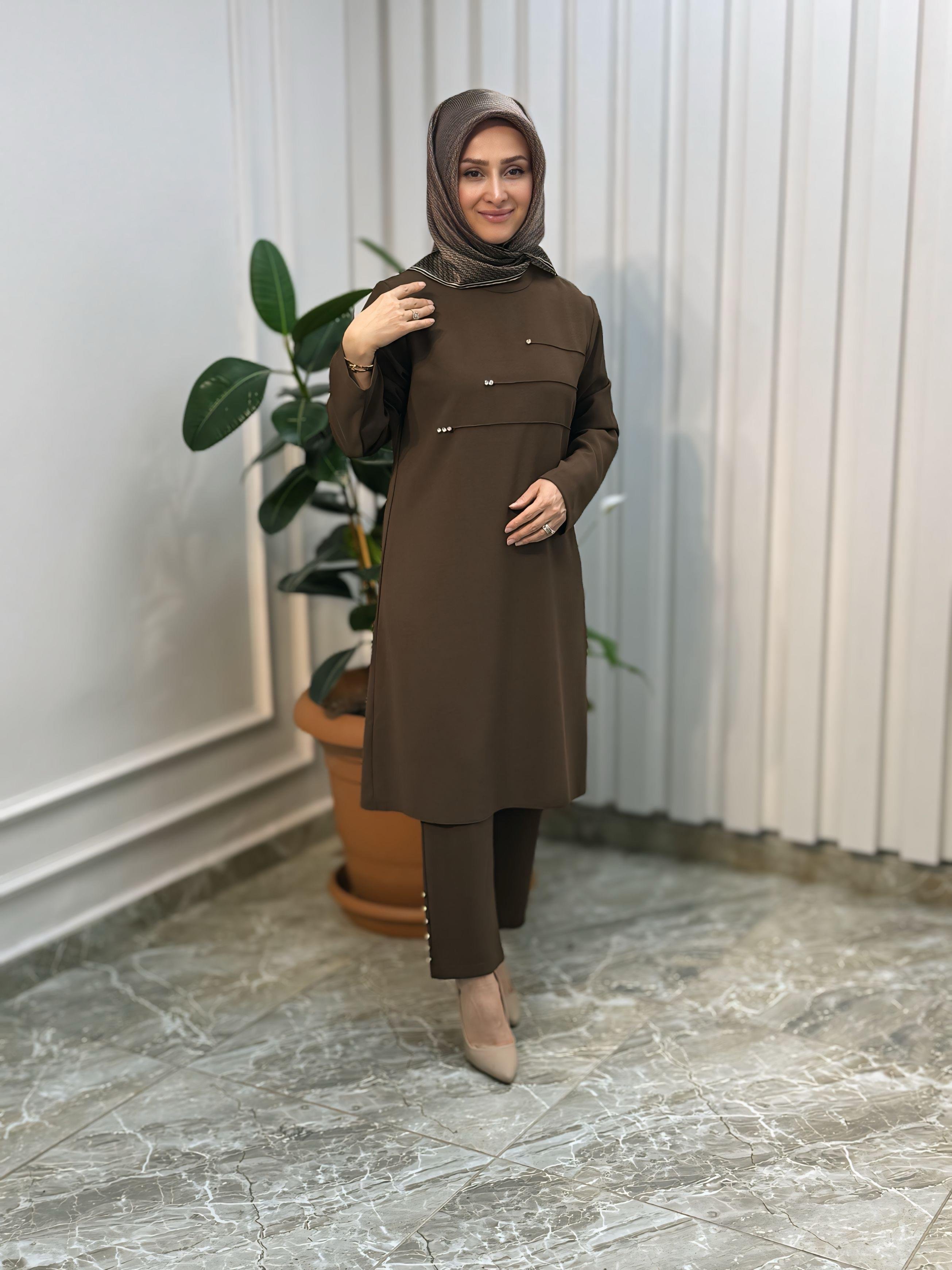 ÖNÜ NERVÜRLÜ TAŞ DETAYLI PANTOLONLU TAKIM-4190