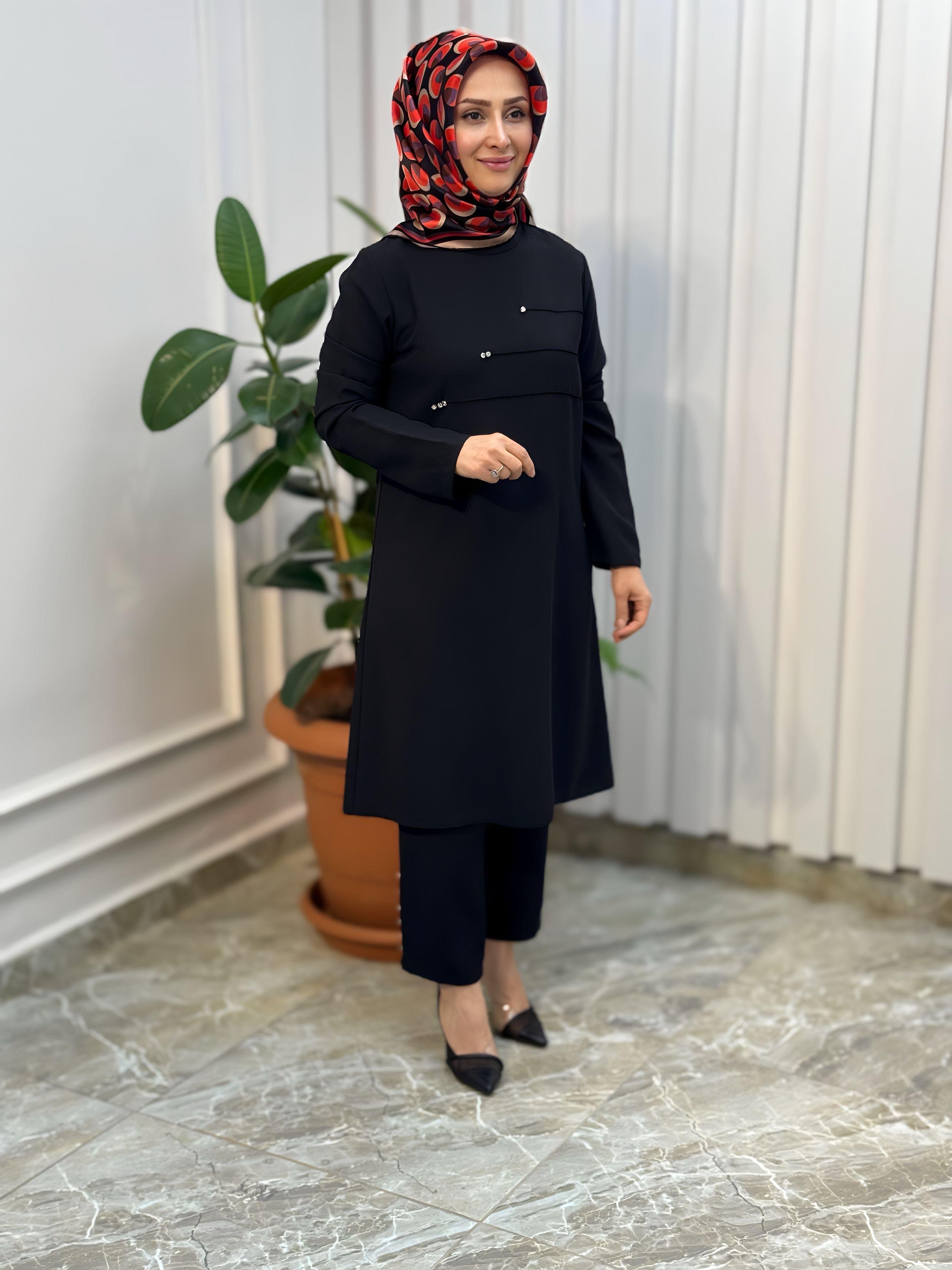 ÖNÜ NERVÜRLÜ TAŞ DETAYLI PANTOLONLU TAKIM-4190
