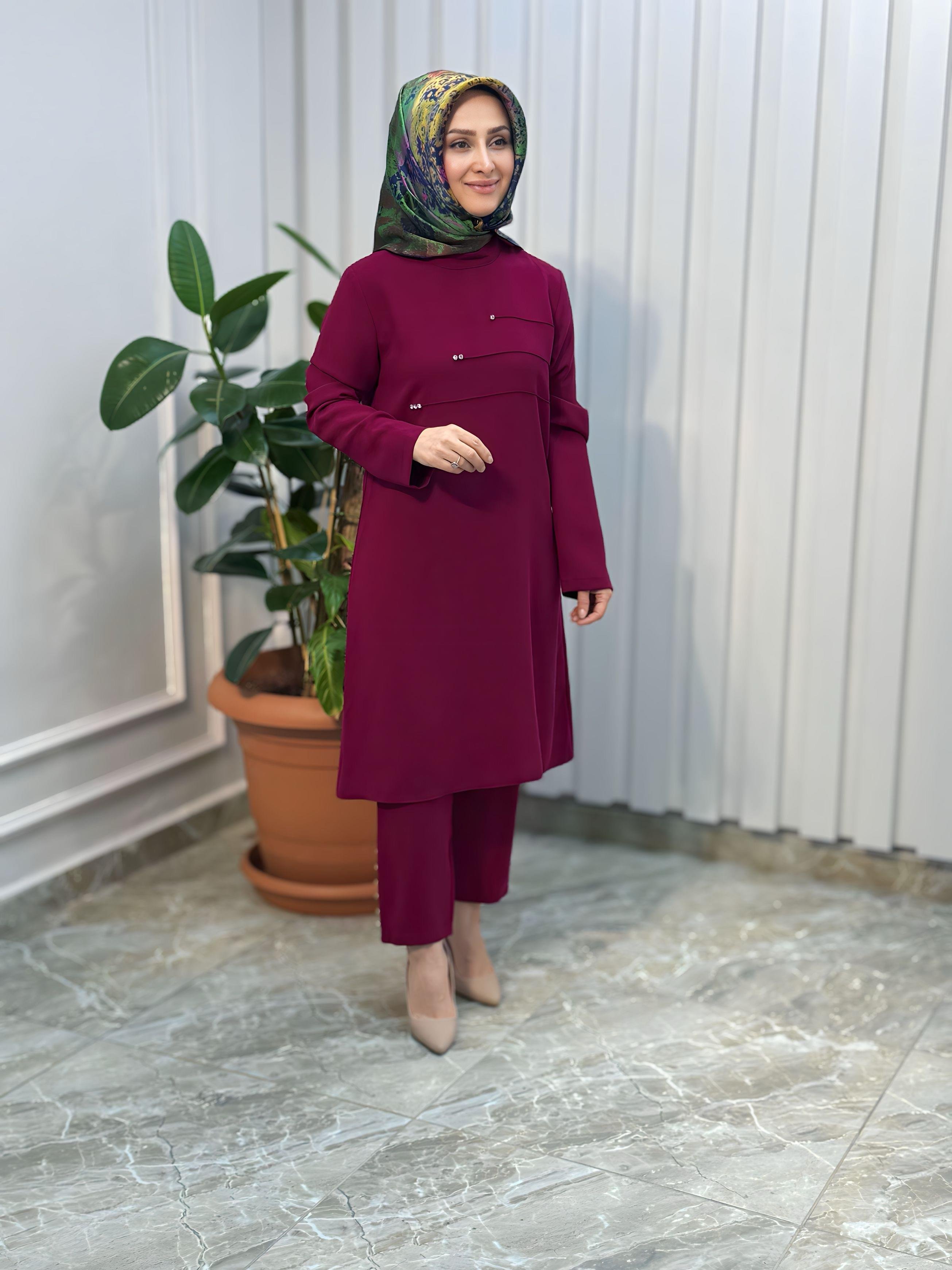 ÖNÜ NERVÜRLÜ TAŞ DETAYLI PANTOLONLU TAKIM-4190