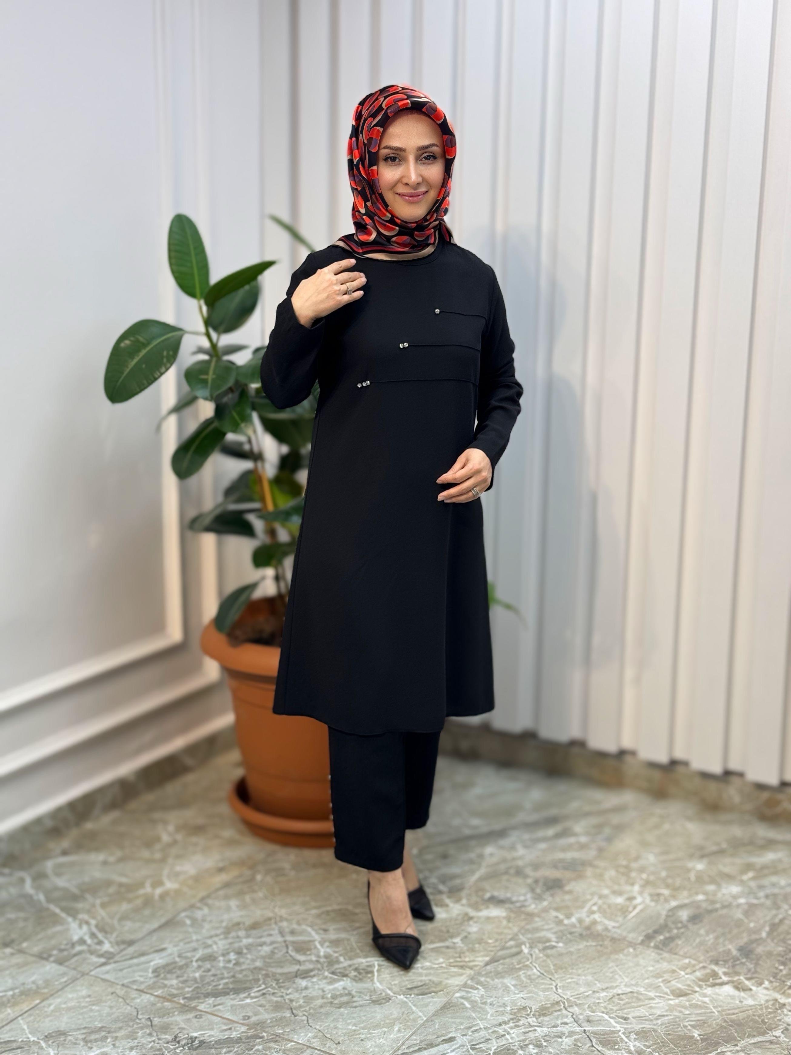 ÖNÜ NERVÜRLÜ TAŞ DETAYLI PANTOLONLU TAKIM-4190