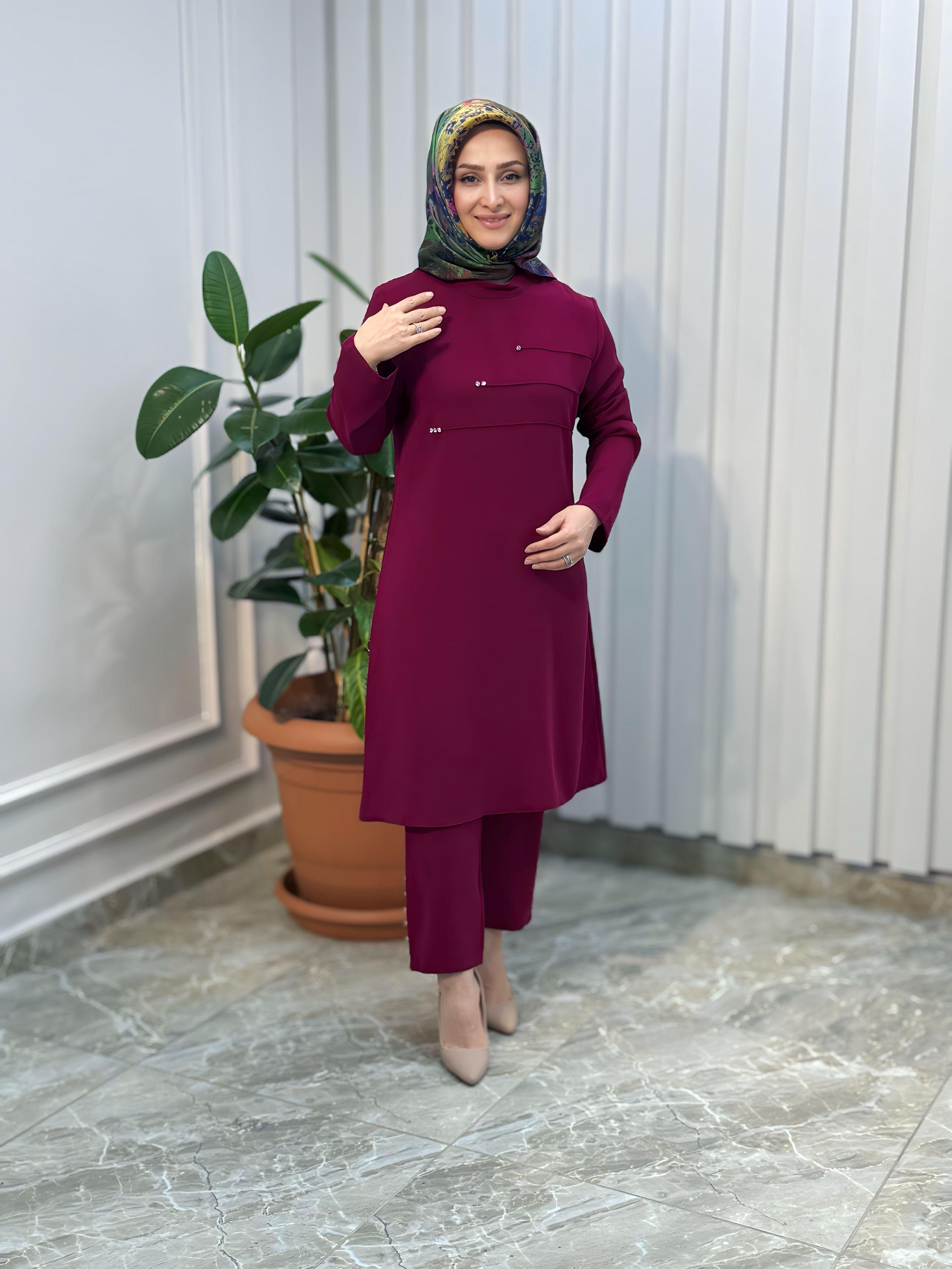 ÖNÜ NERVÜRLÜ TAŞ DETAYLI PANTOLONLU TAKIM-4190