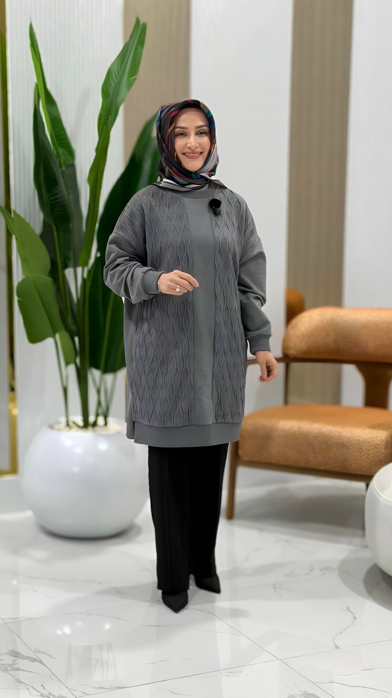 PUANE DALGA DESEN TUNİK GRİ- 10760