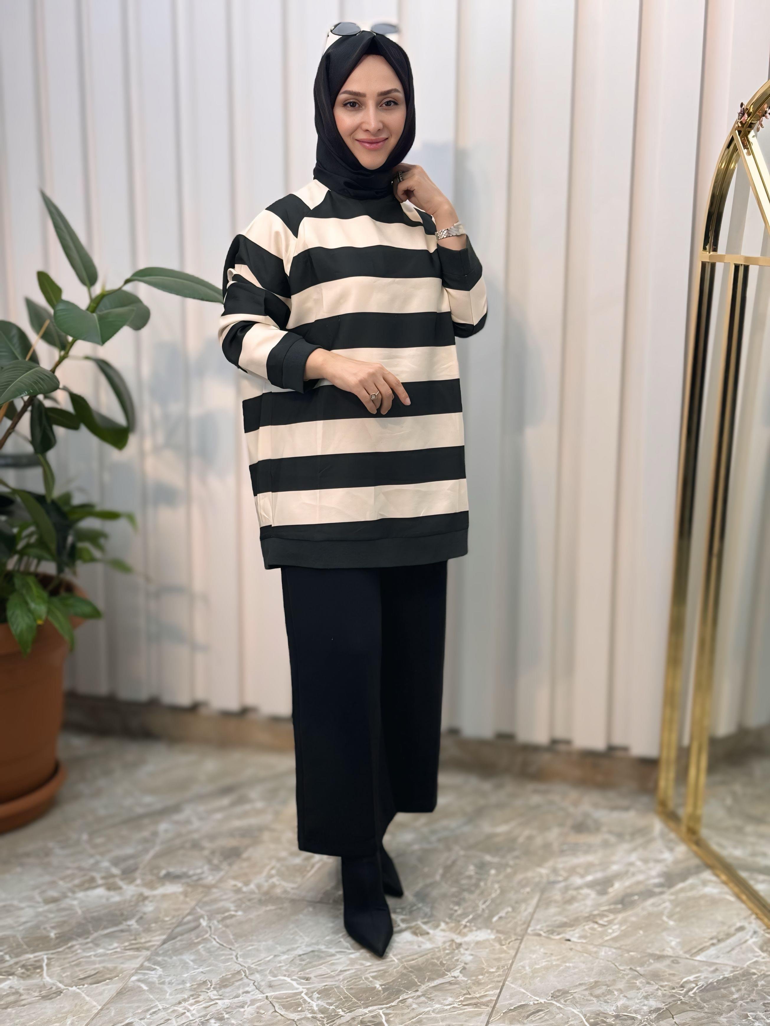 SİYAH ÇİZGİLİ KREP TUNİK-0032
