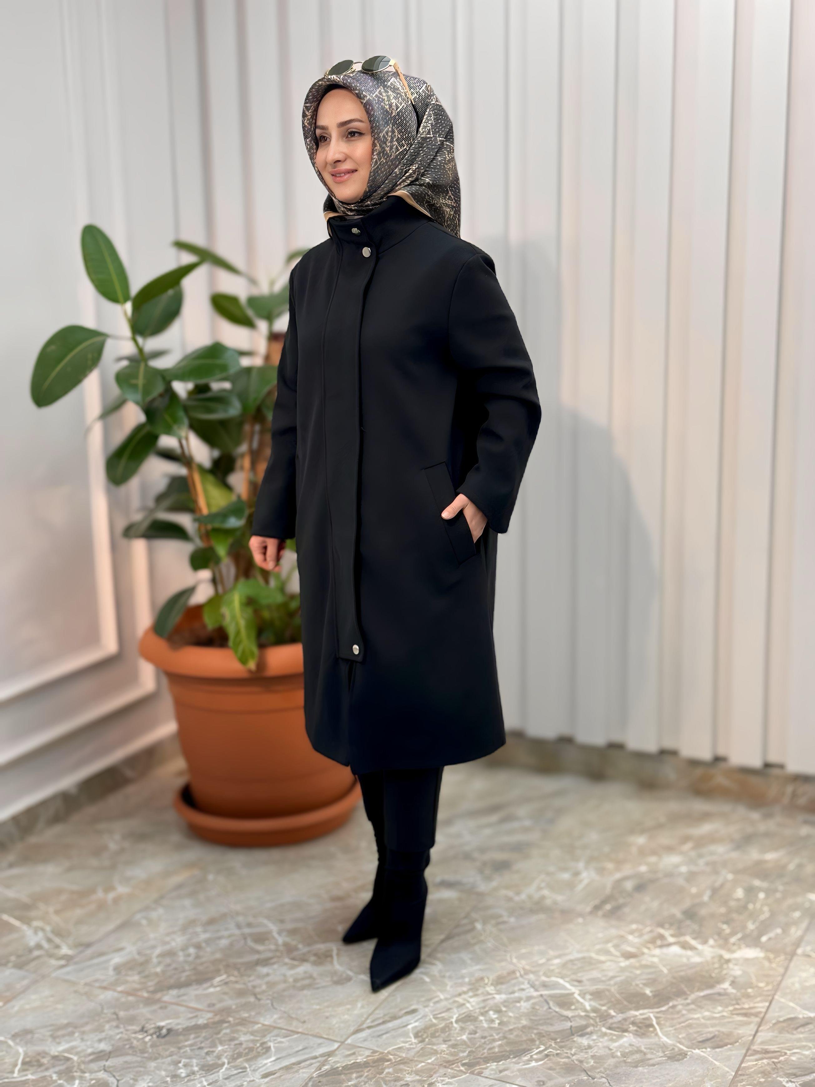SİYAH-PATLI  DİK YAKALI FLATO CEPLİ KABAN -81011