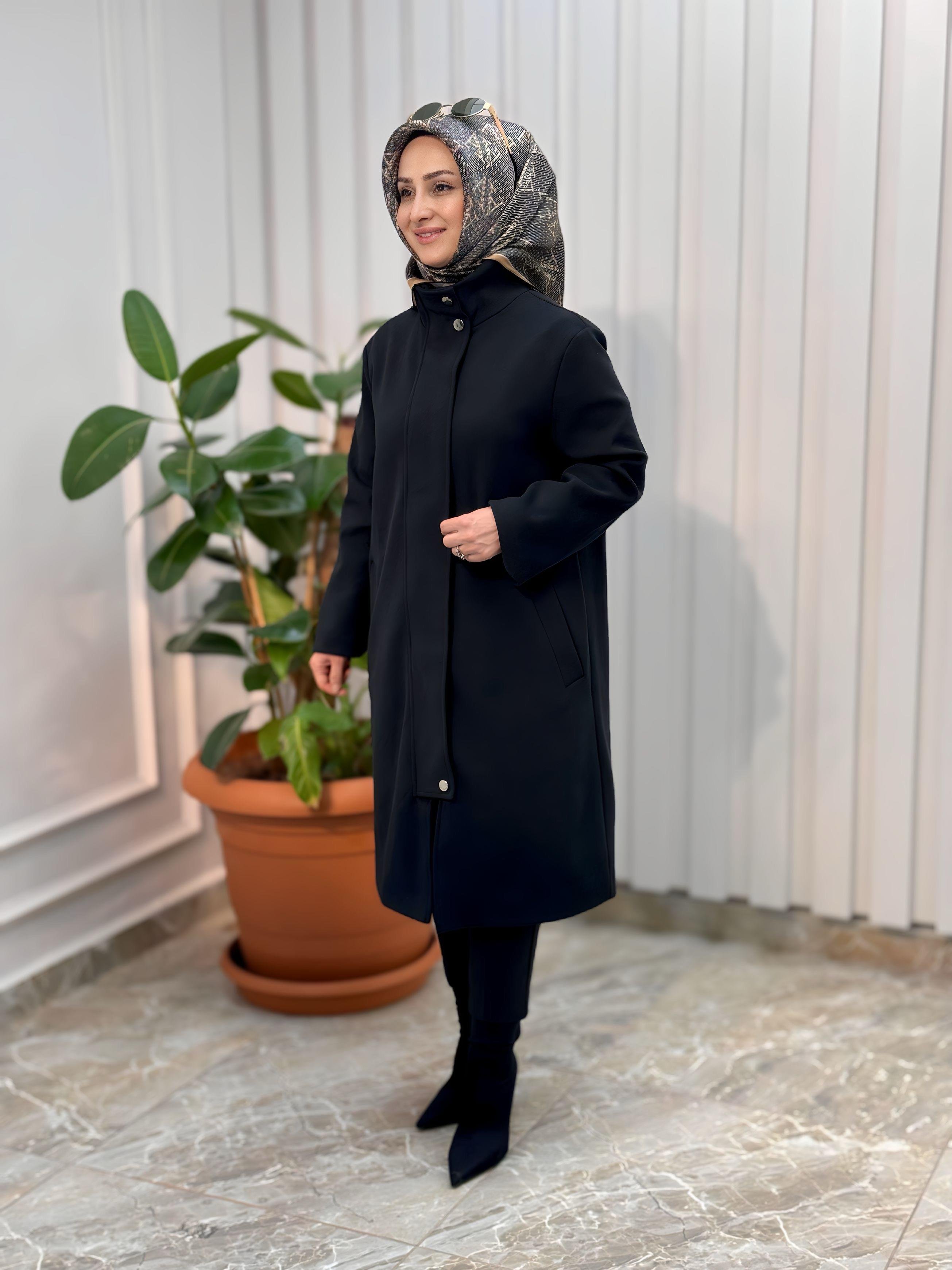 SİYAH-PATLI  DİK YAKALI FLATO CEPLİ KABAN -81011