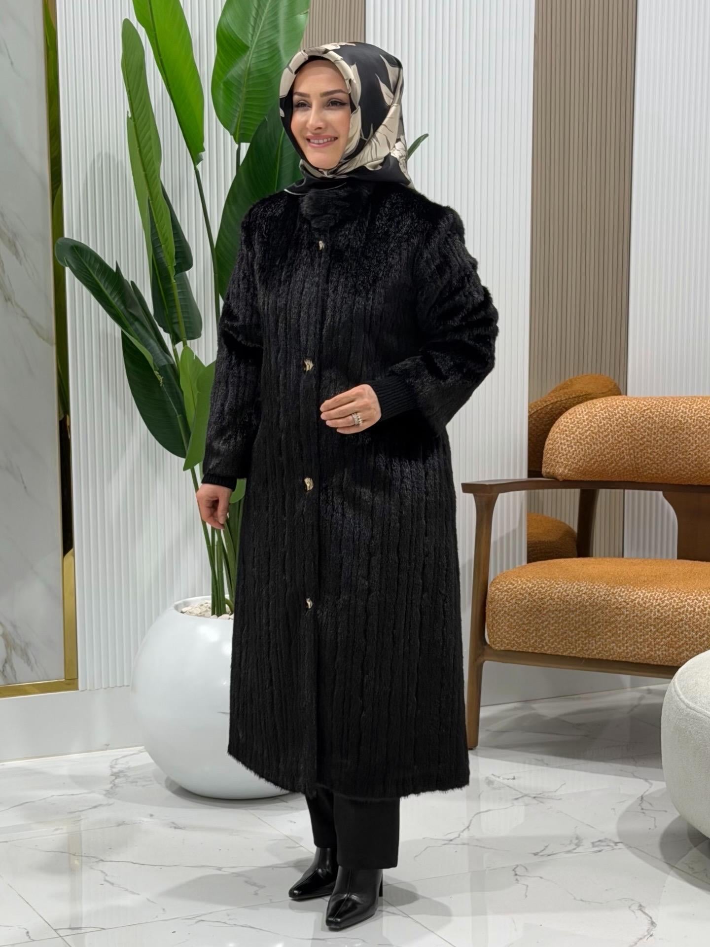 SOFF ANGORA UZUN KABAN SİYAH -1540