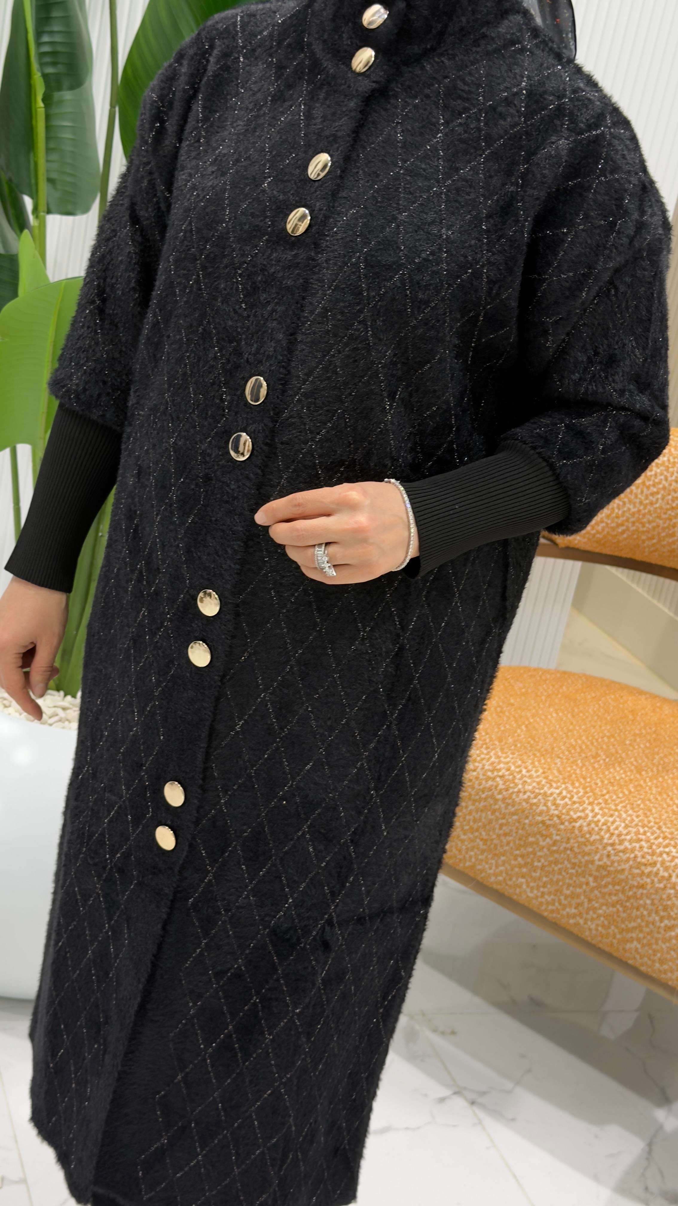 SOFF ÖNÜ DÜĞMELİ KOL RİBANALI ANGORA HIRKA SİYAH - 4949