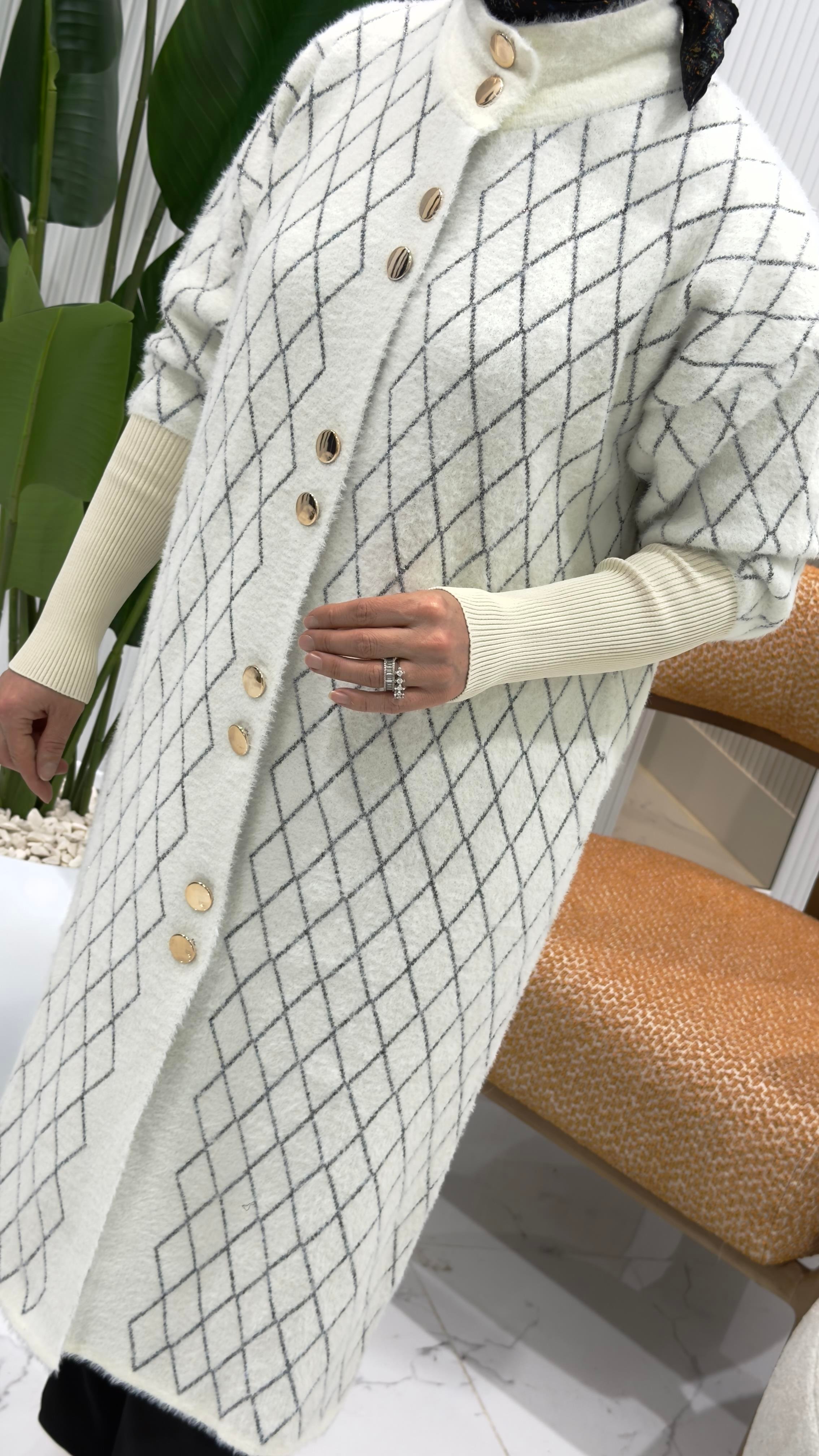 SOFF ÖNÜ DÜĞMELİ KOL RİBANALI ANGORA HIRKA EKRU - 4949
