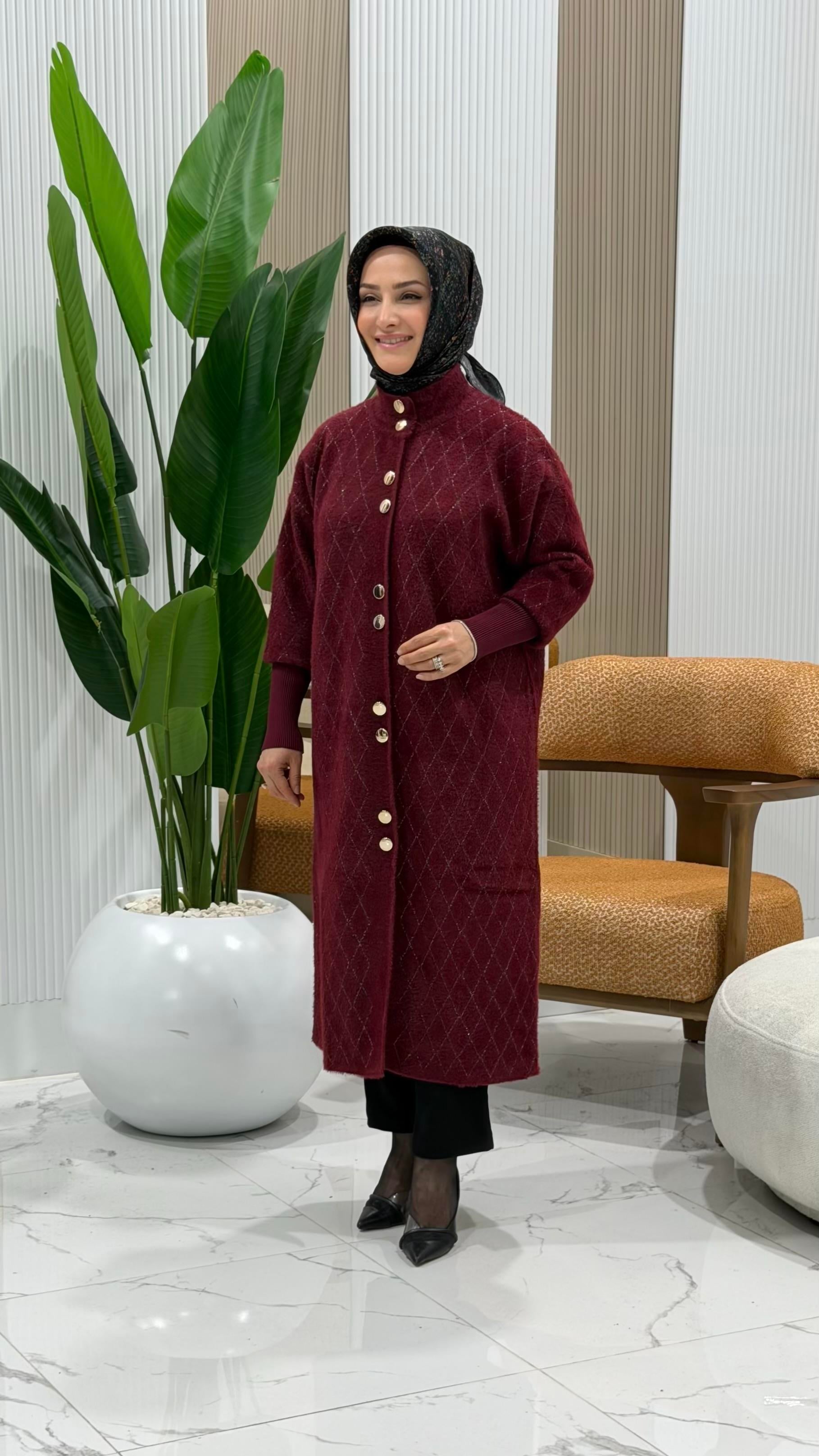 SOFF ÖNÜ DÜĞMELİ KOL RİBANALI ANGORA HIRKA BORDO - 4949