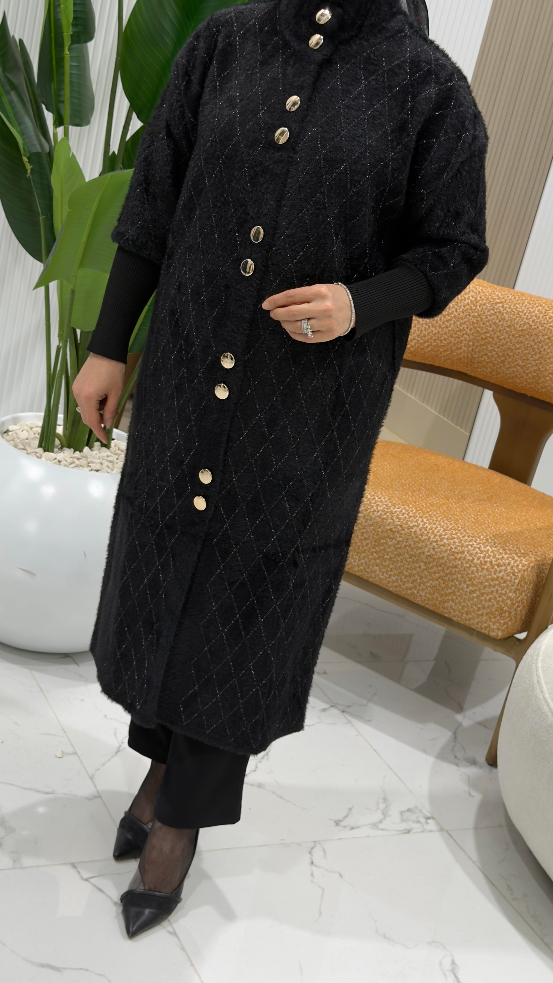 SOFF ÖNÜ DÜĞMELİ KOL RİBANALI ANGORA HIRKA SİYAH - 4949
