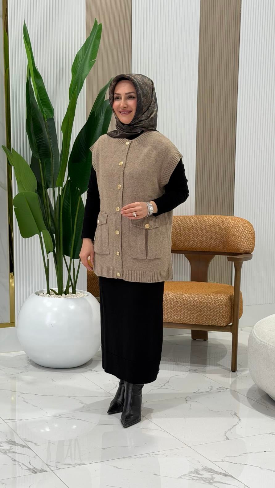 TIĞ TRİKO DÜĞME VE CEP DETAYLI YÜN SÜVETER CAMEL- 21929