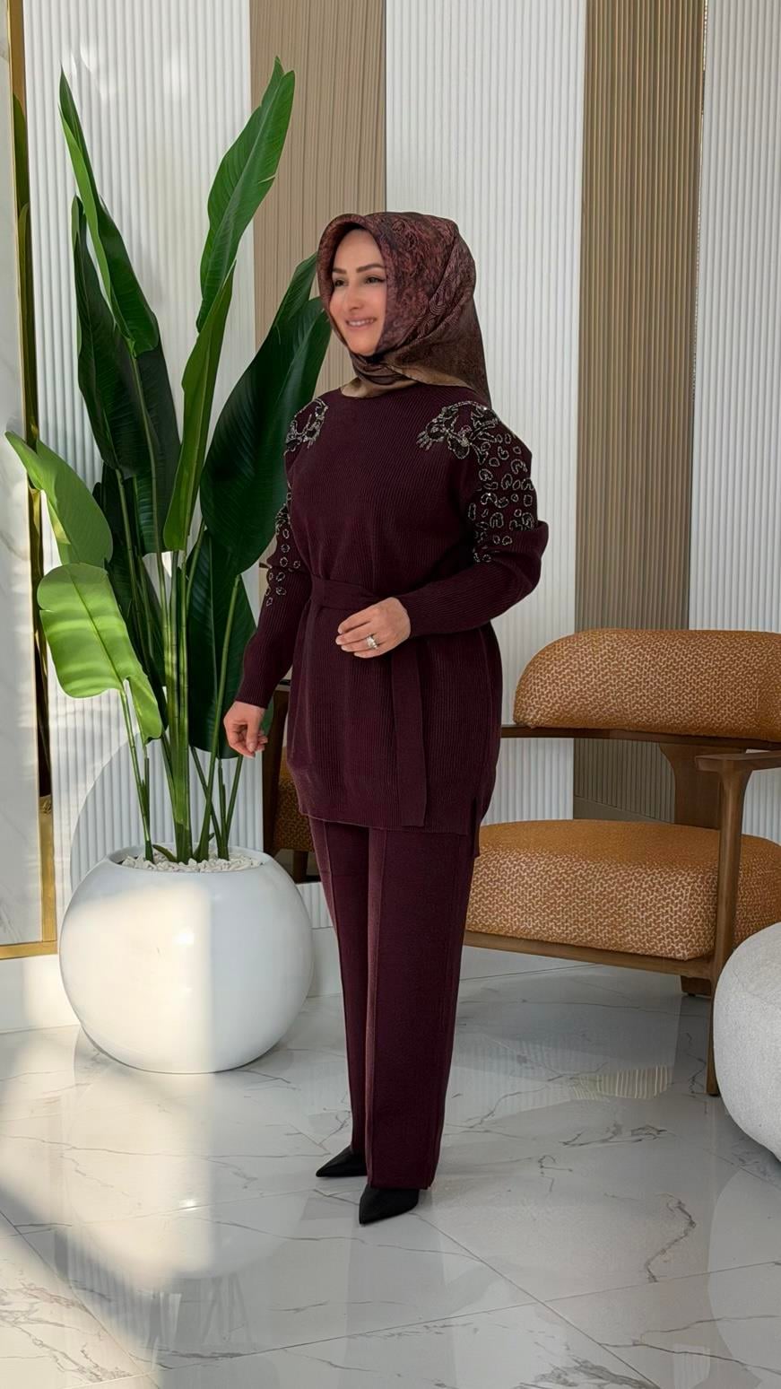 TIĞ TRİKO LEOPAR TAŞ İŞLEMELİ TAKIM MÜRDÜM- 22004.01
