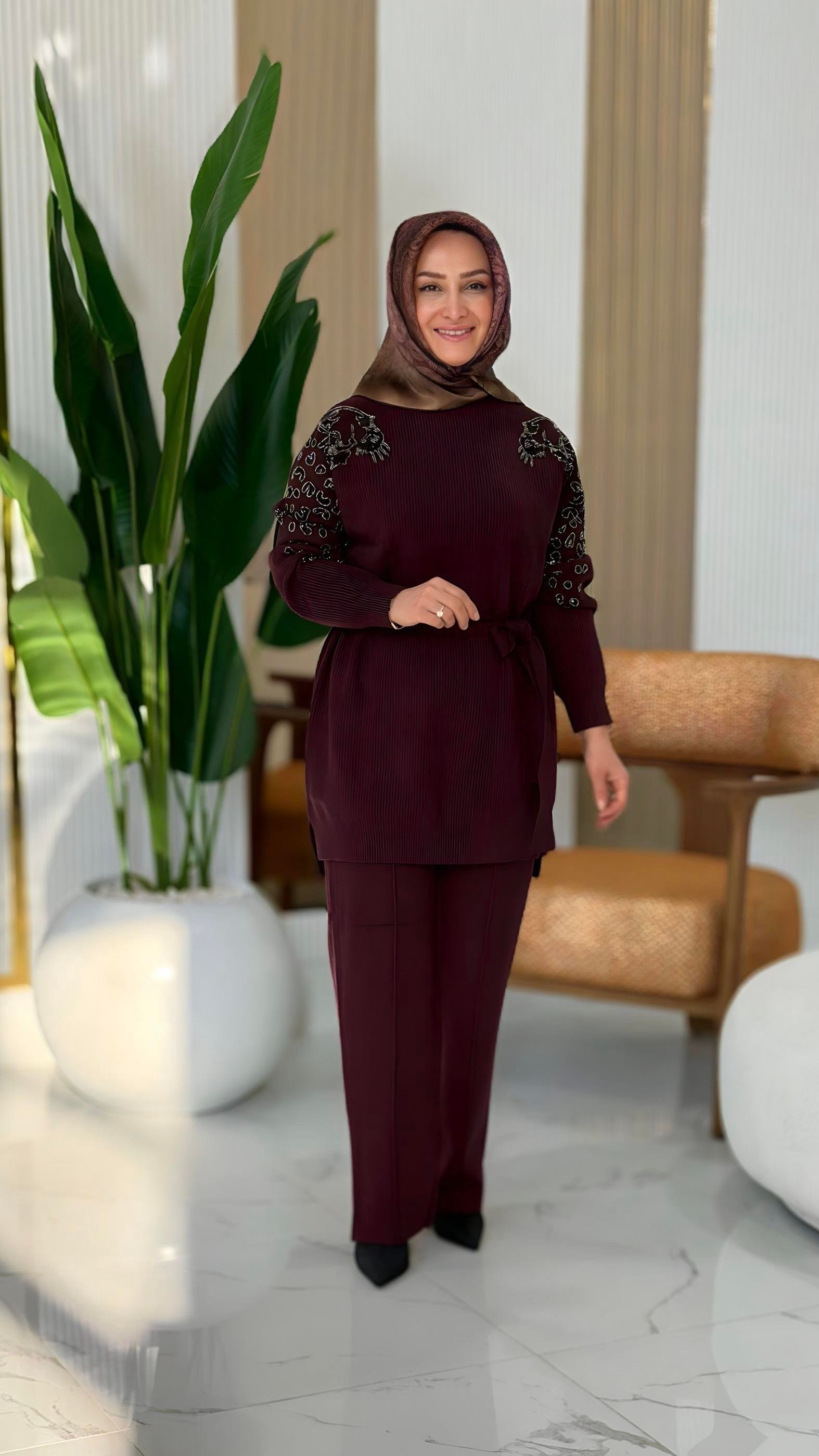 TIĞ TRİKO LEOPAR TAŞ İŞLEMELİ TAKIM MÜRDÜM- 22004.01