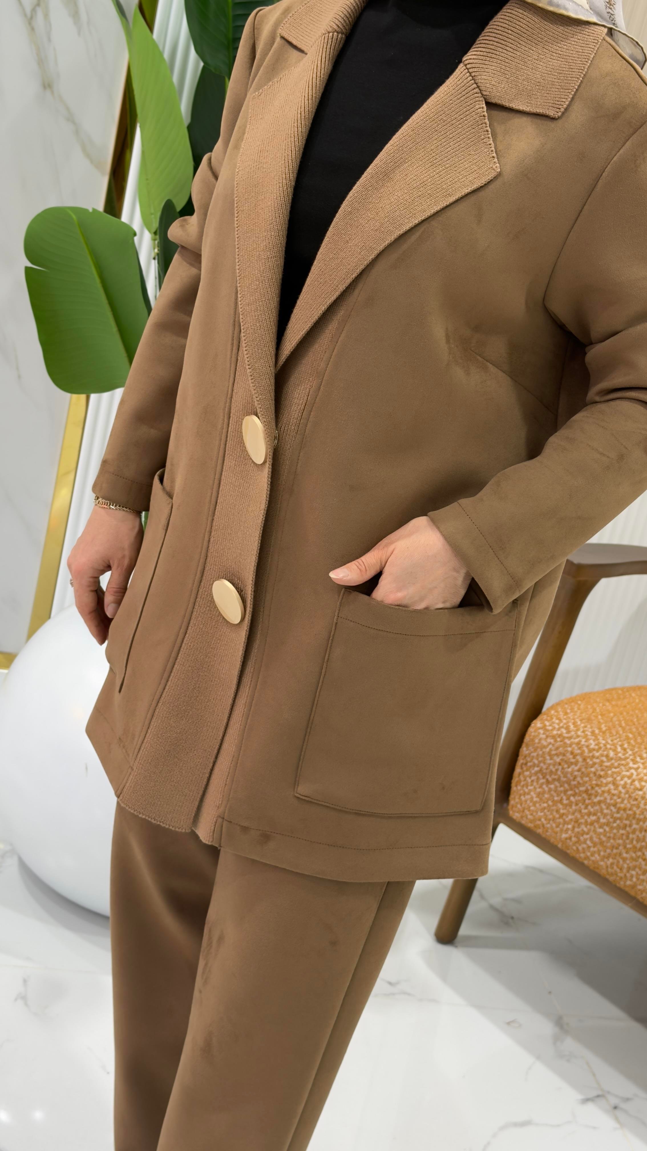 TIĞ TRİKO SÜET PANTOLONLU TAKIM CAMEL- 5039.01