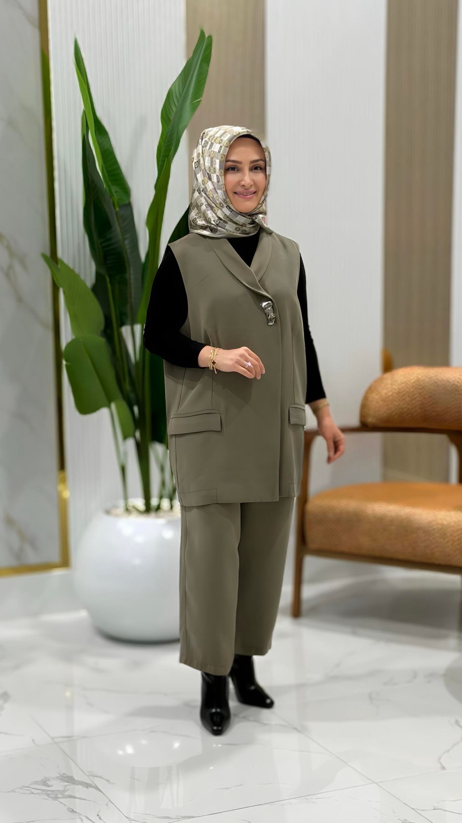 TIĞ TRİKO TEK DÜĞMELİ YELEK PANTOLON TAKIM YEŞİL 5033.01