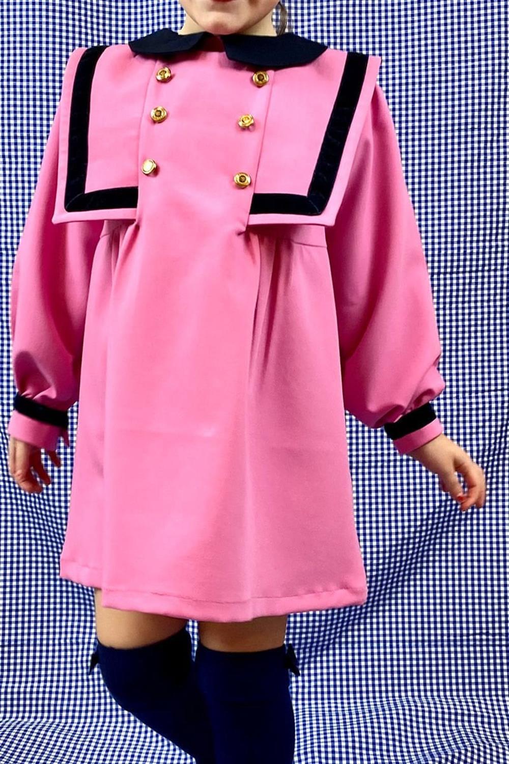 Pembe Kadife Detaylı Kız Çocuk Elbisesi