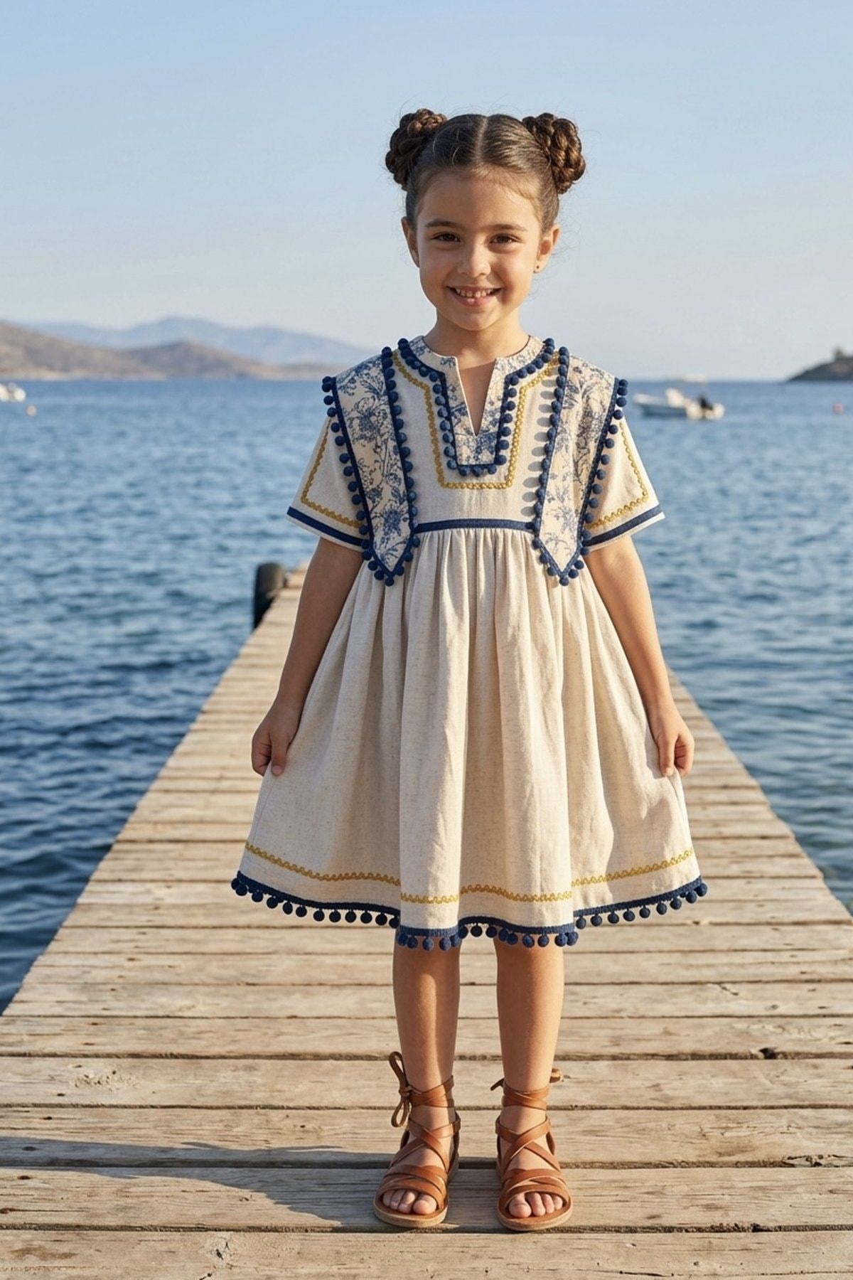 Ponpon Detaylı Keten Bohem Elbise