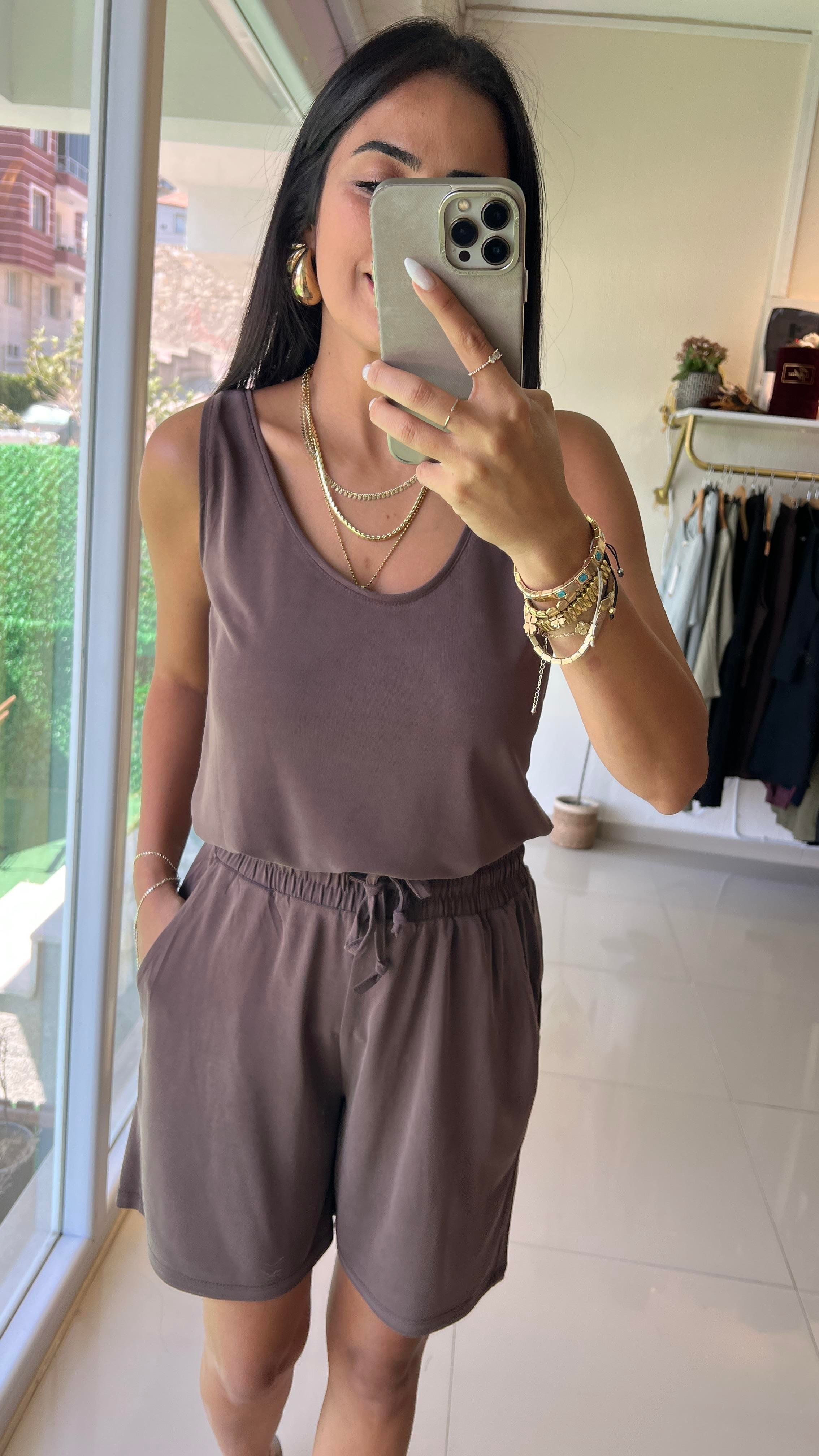 111 KALIN ASKILI ŞORTLU MODAL TAKIM KAHVE