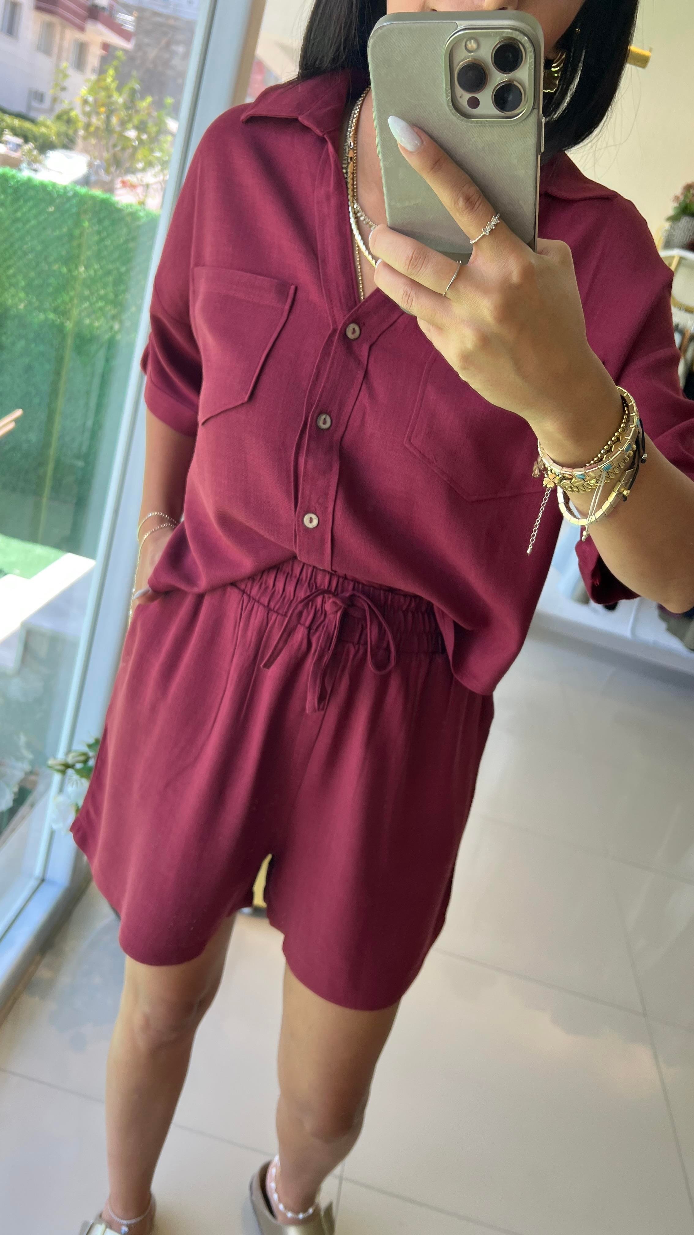247145 KETEN ŞORTLU TAKIM BORDO