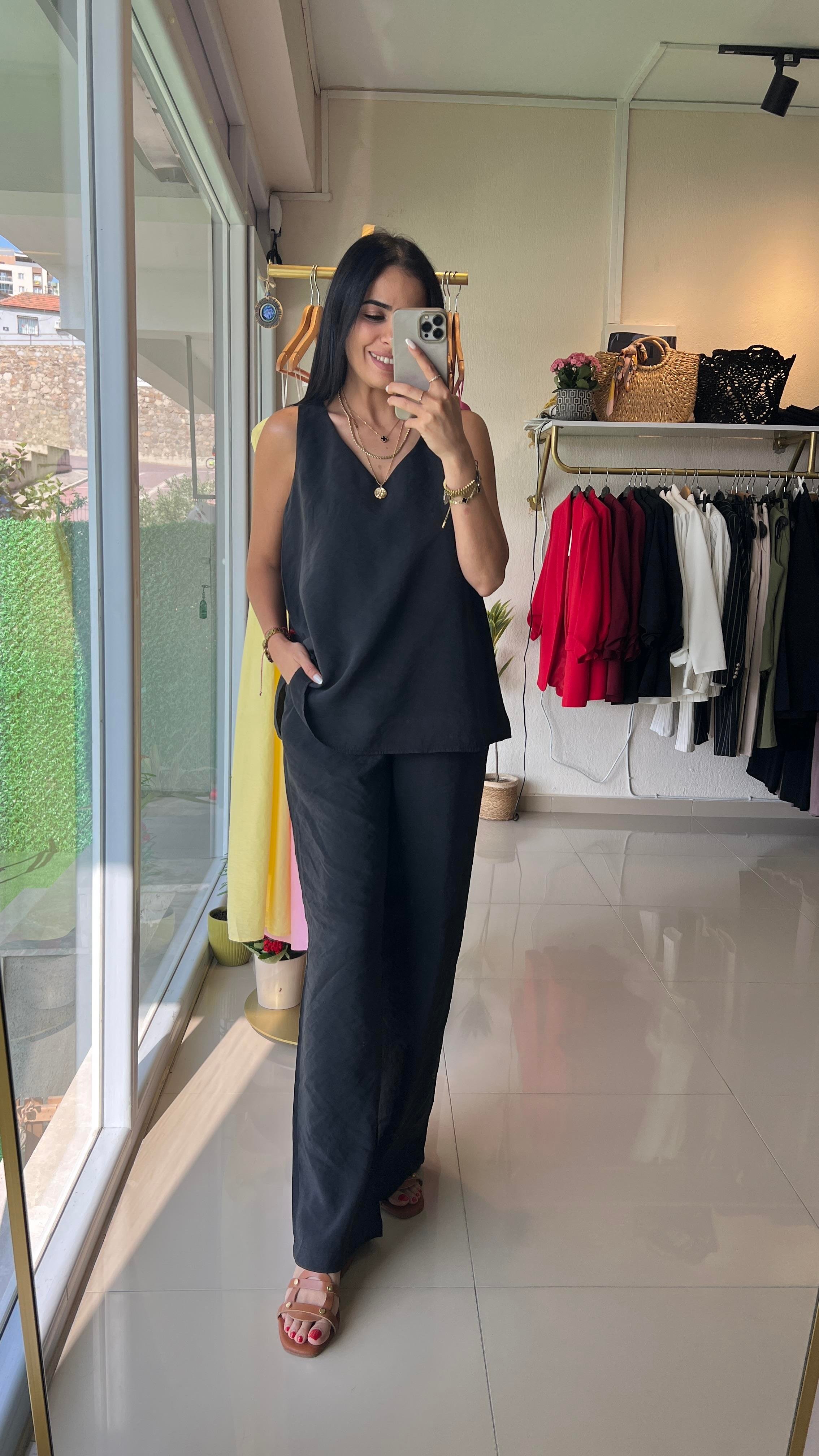 3142 KALIN ASKILI V YAKA BLUZ PANTOLON SİYAH