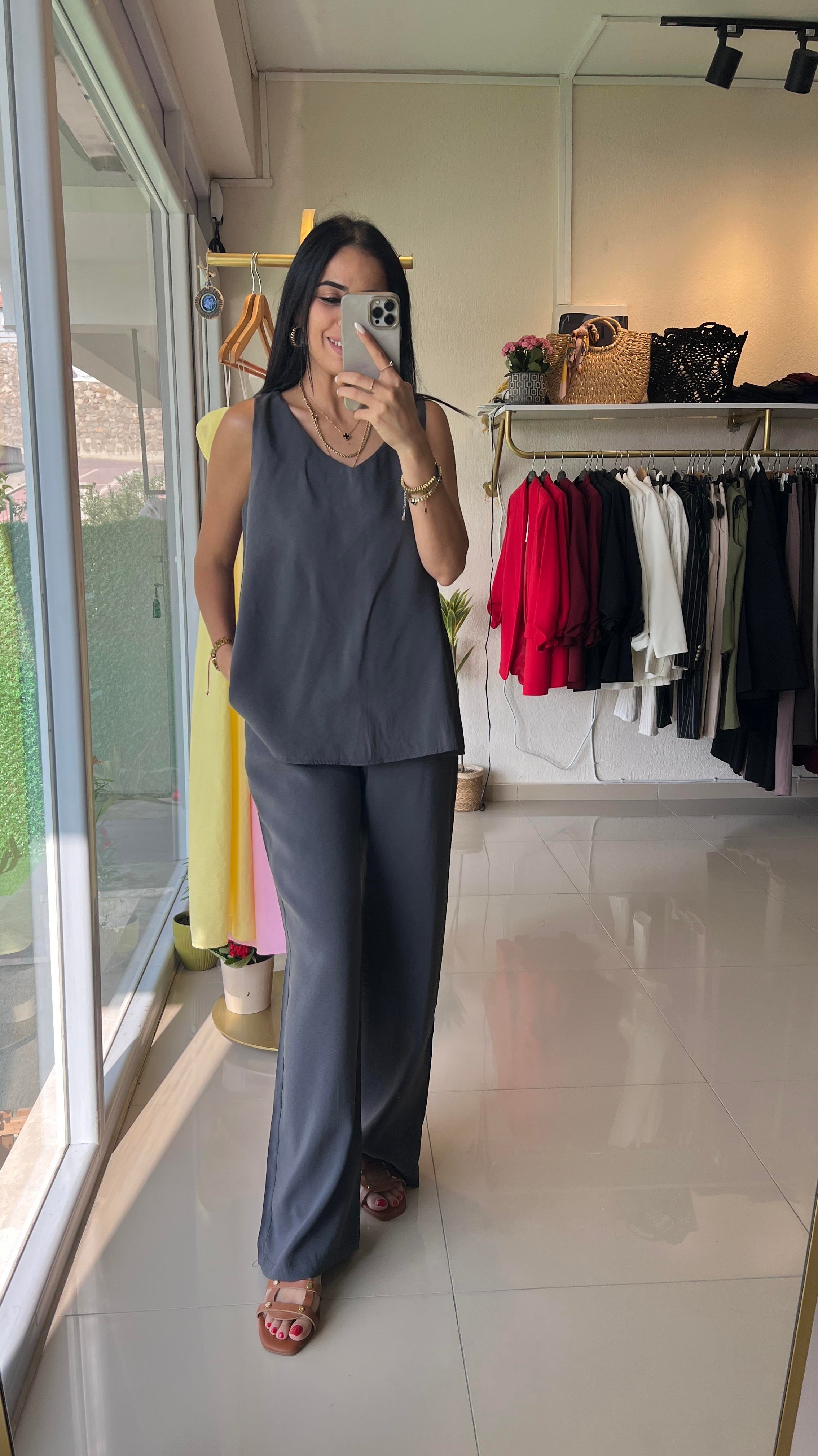 3142 KALIN ASKILI V YAKA BLUZ PANTOLON ANTRASİT