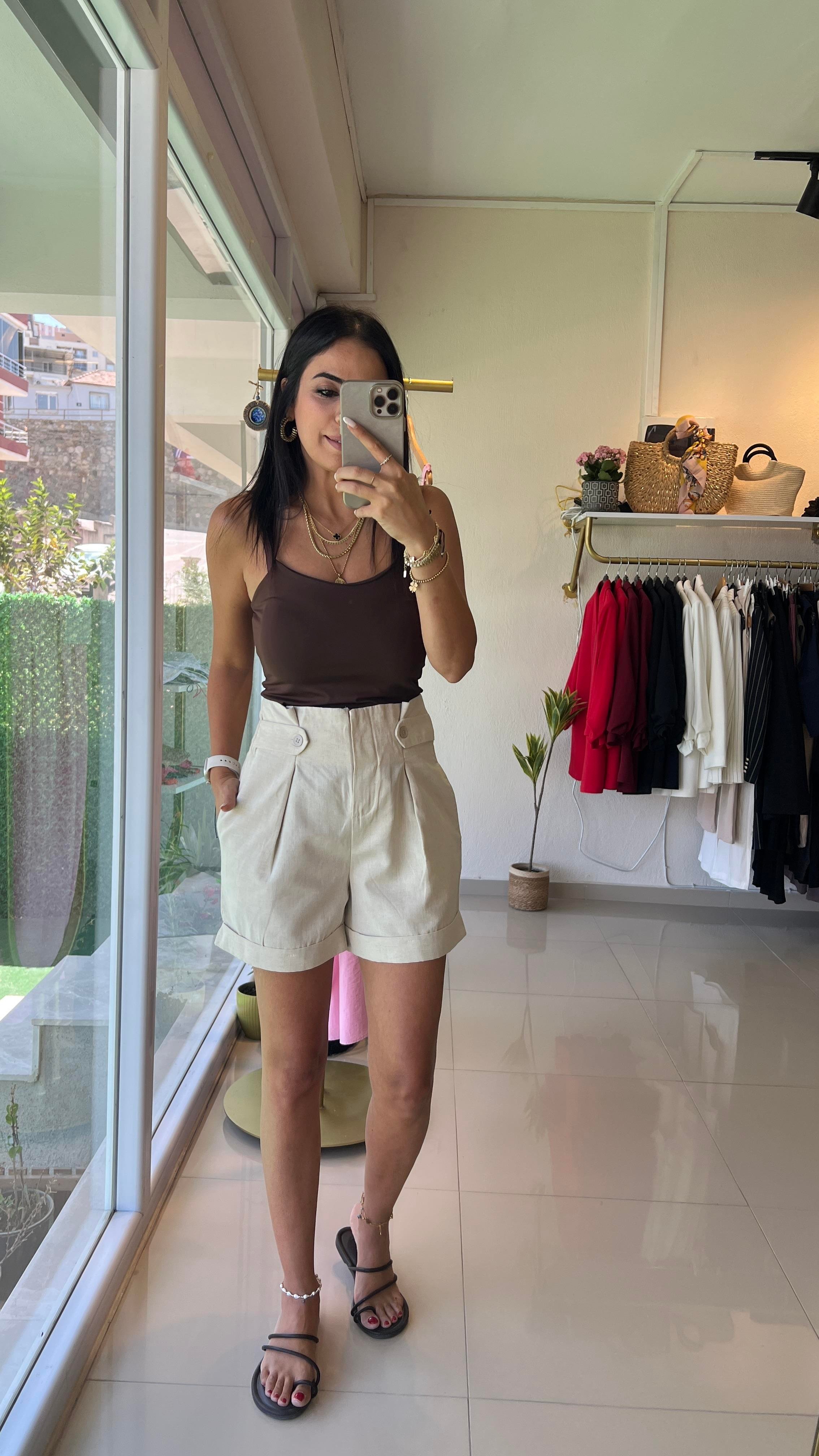 35079 %100 HAM KETEN ŞORT BEJ