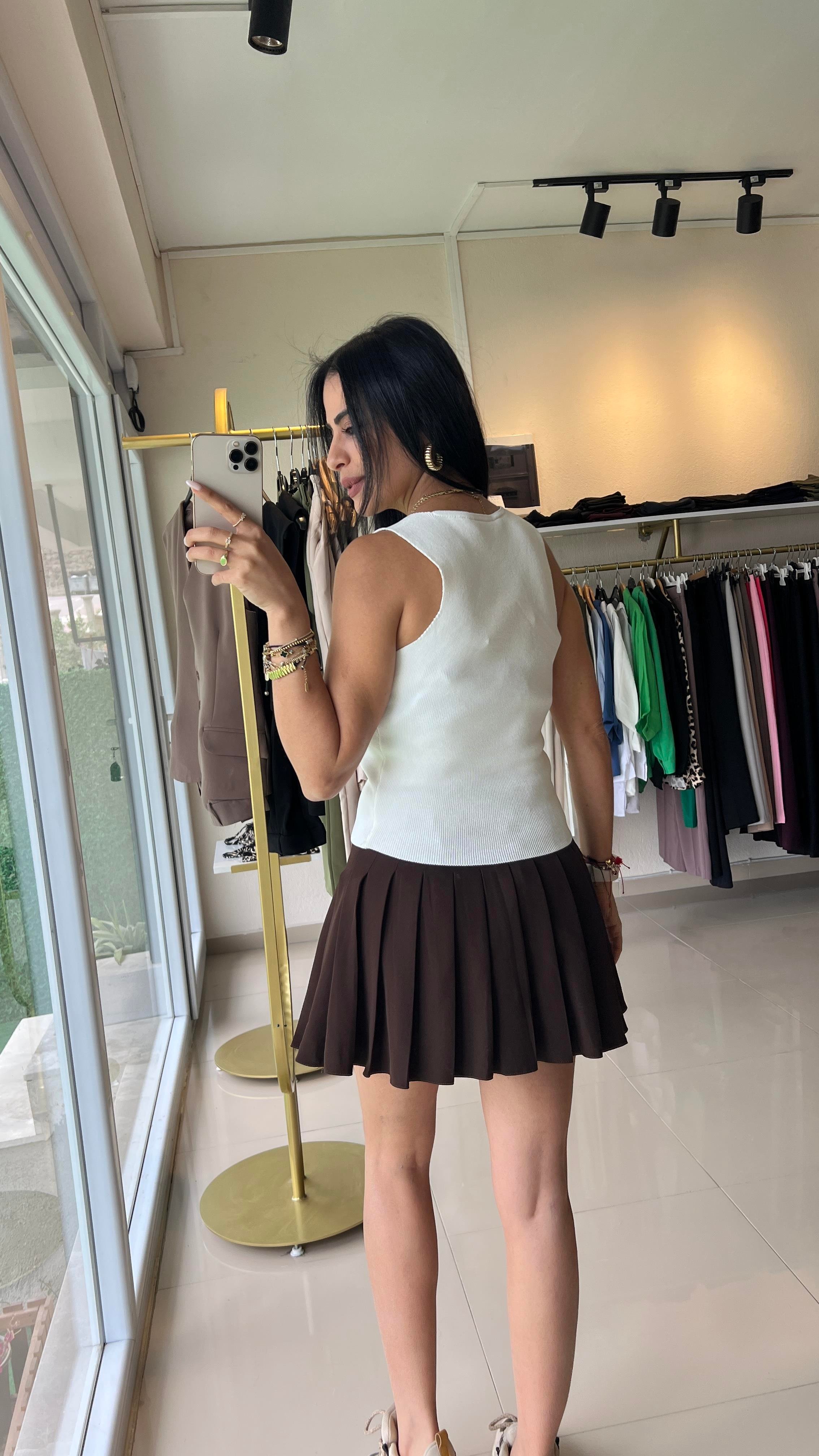 35683 PİLİSELİ İŞİ ŞORTLU ETEK KAHVE