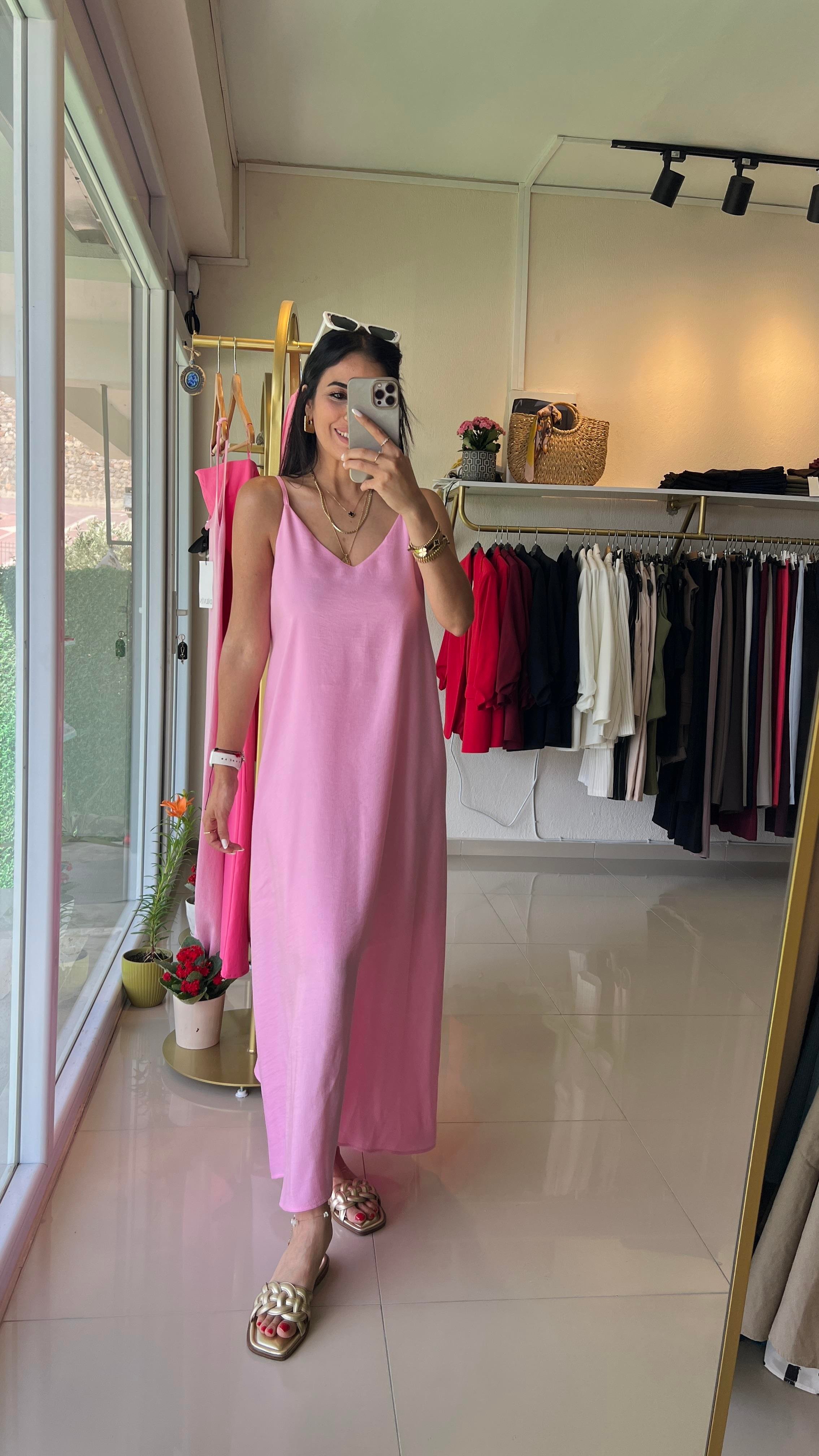 36012 İP ASKILI ELBİSE PEMBE