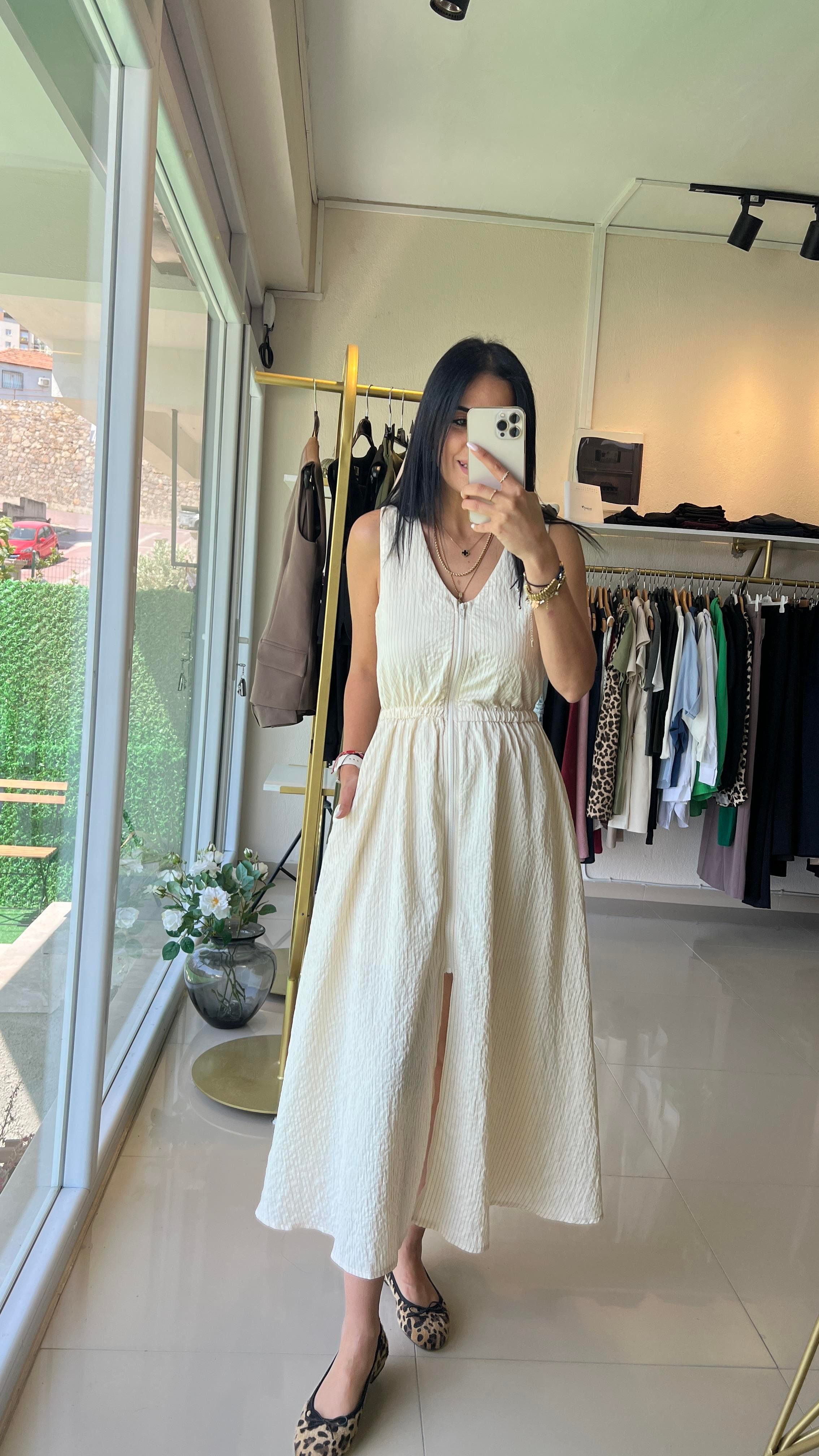 36085 FERMUARLI ASTARLI MODAL KUMAŞ ELBİSE EKRU
