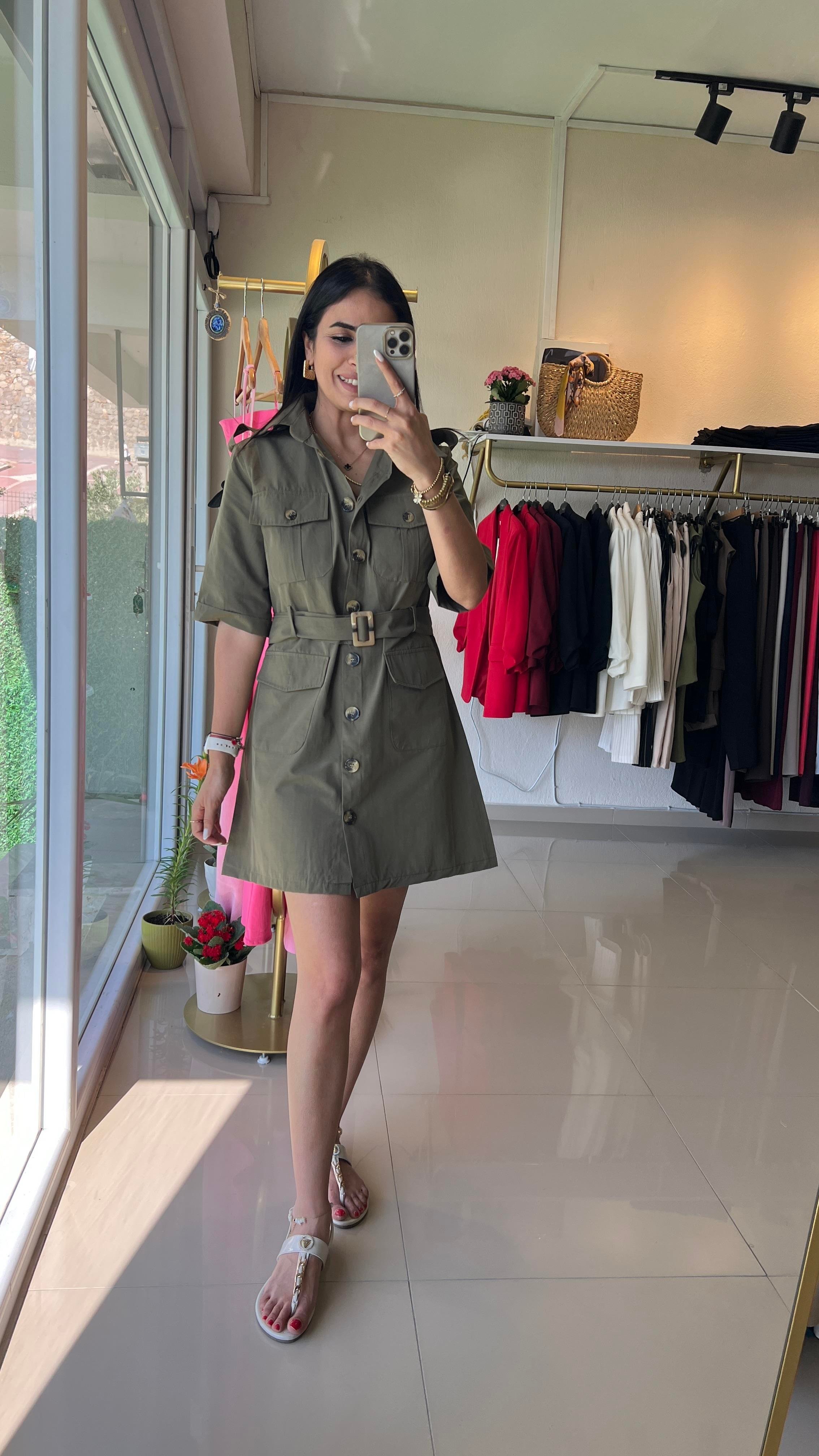 36329 DÜĞMELİ MİNİ ELBİSE HAKİ
