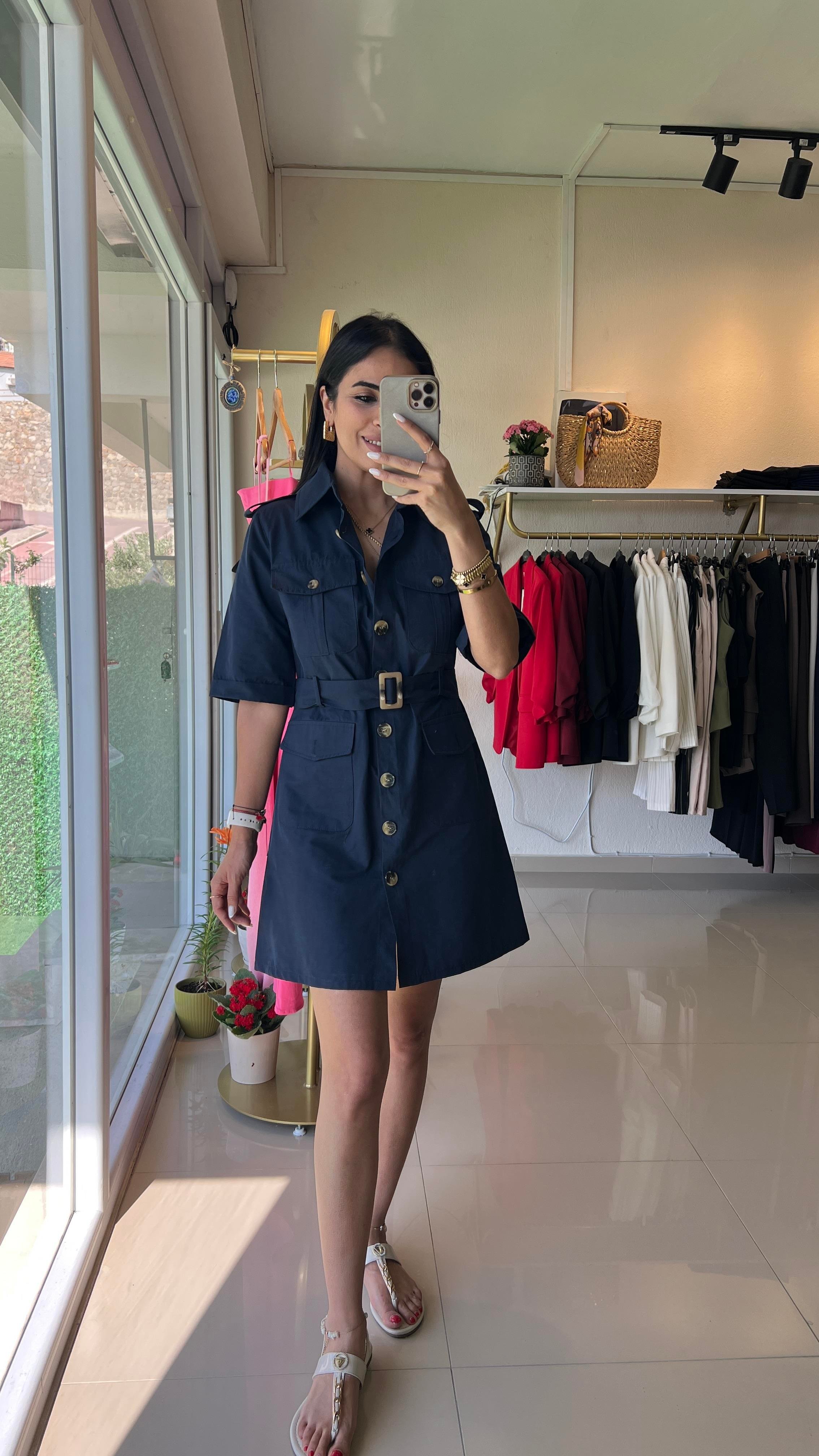 36329 DÜĞMELİ MİNİ ELBİSE LACİVERT