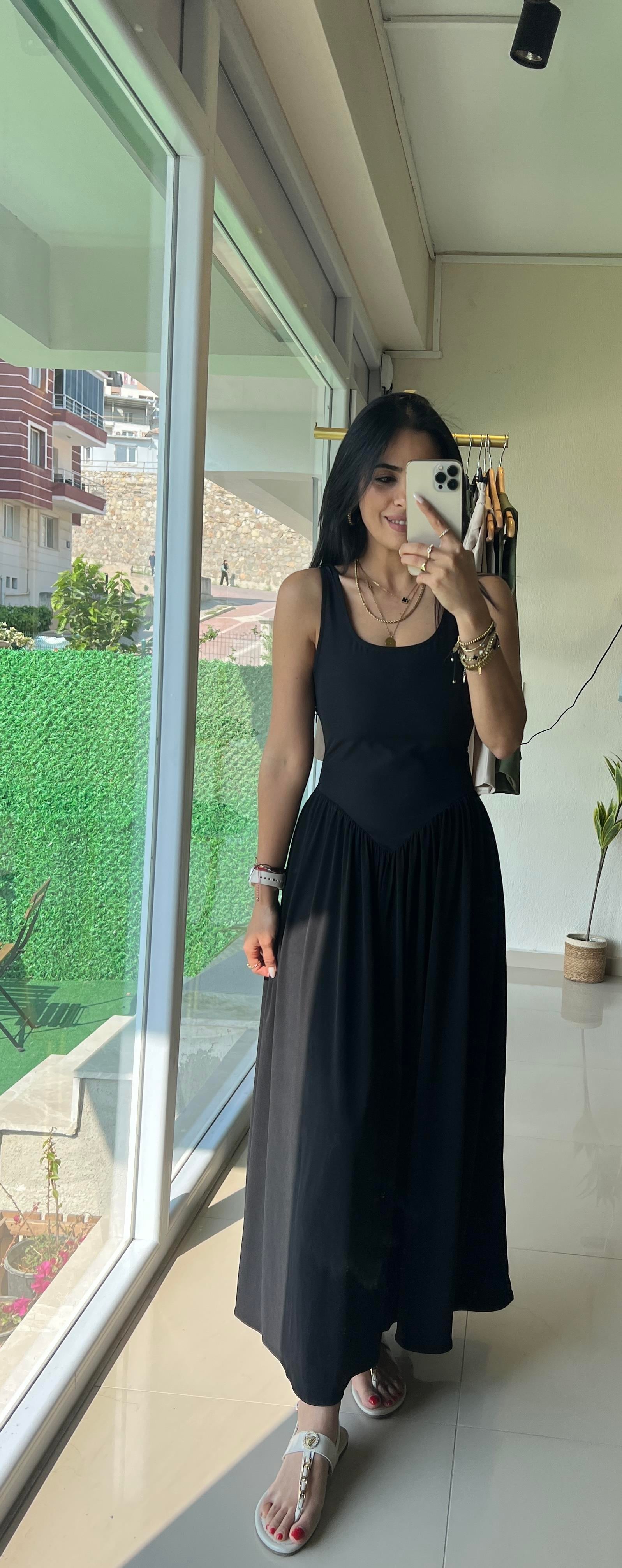 36331 KALIN ASKILI SANDY ELBİSE SİYAH